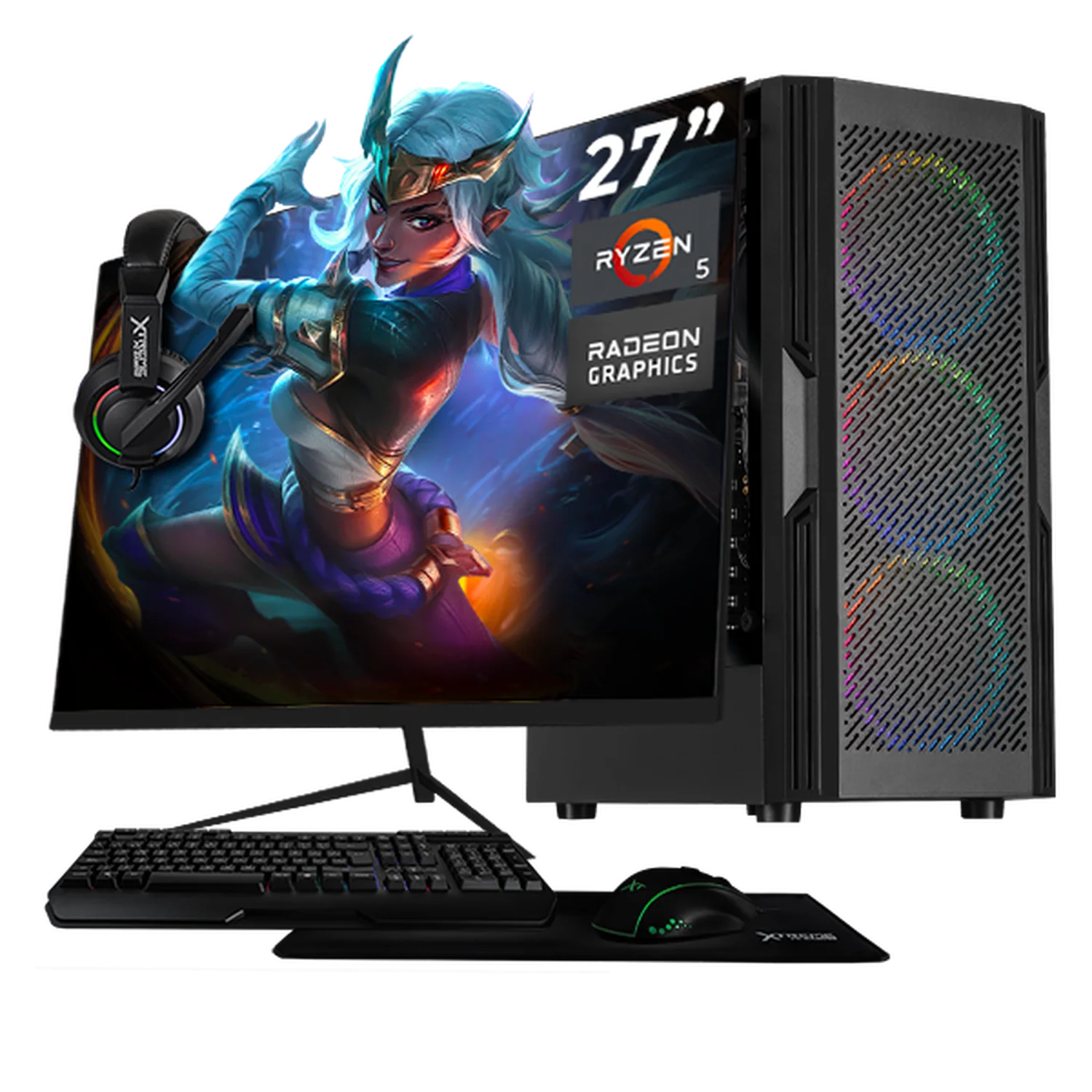 Computadora Escritorio Completa Xtreme PC Gaming AMD Radeon RX Vega 7 AMD Ryzen 5 5600G 16GB SSD 500GB Monitor 27 75Hz WIFI Black rendimiento básico para juegos casuales, trabajo y estudio