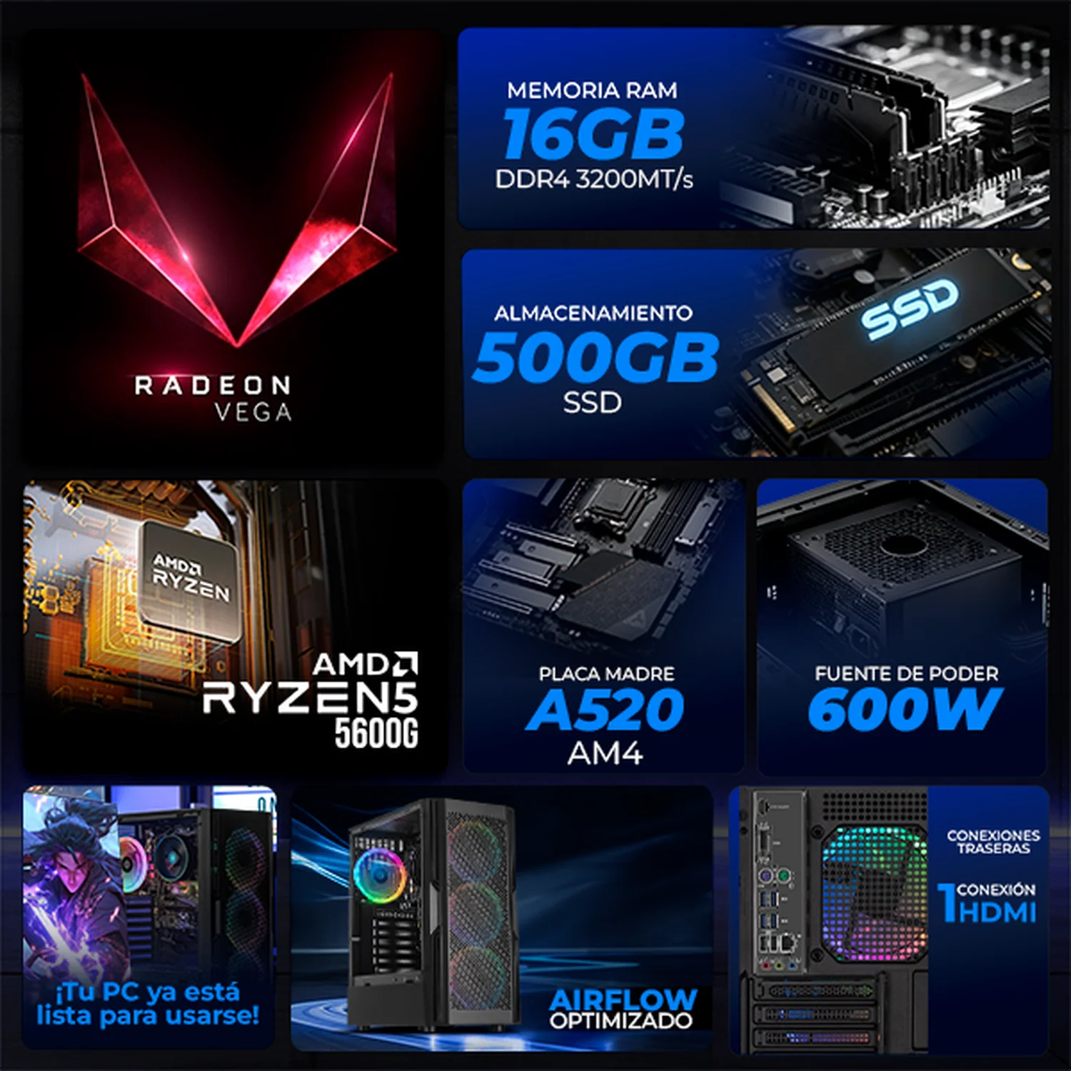 Computadora Escritorio Completa Xtreme PC Gaming AMD Radeon RX Vega 7 AMD Ryzen 5 5600G 16GB SSD 500GB Monitor 27 75Hz WIFI Black rendimiento básico para juegos casuales, trabajo y estudio - Image 3