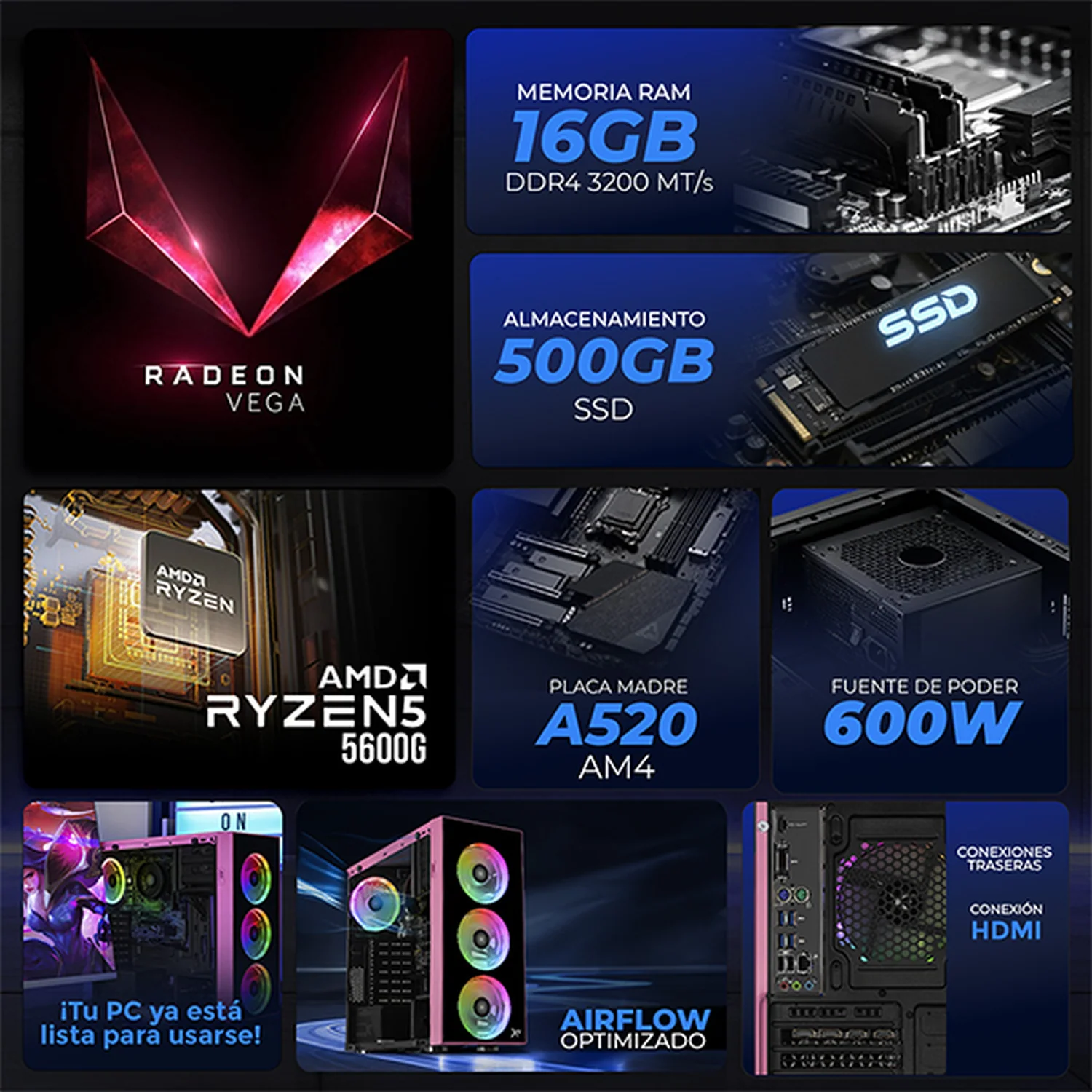 Computadora Escritorio Completa Xtreme PC Gaming AMD Radeon Vega 7 Ryzen 5 5600G 16GB SSD 500GB Monitor 27 75Hz WIFI Pink rendimiento básico para juegos casuales, trabajo y estudio - Image 3