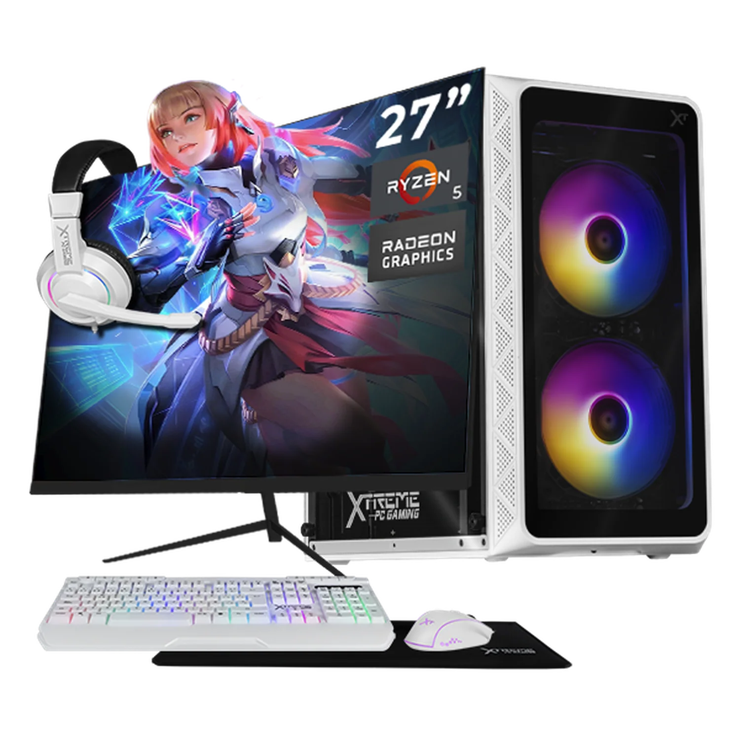 Computadora Escritorio Completa Xtreme PC Gaming AMD Radeon Vega 7 Ryzen 5 5600G 16GB SSD 500GB Monitor 27 75Hz WIFI White rendimiento básico para juegos casuales, trabajo y estudio