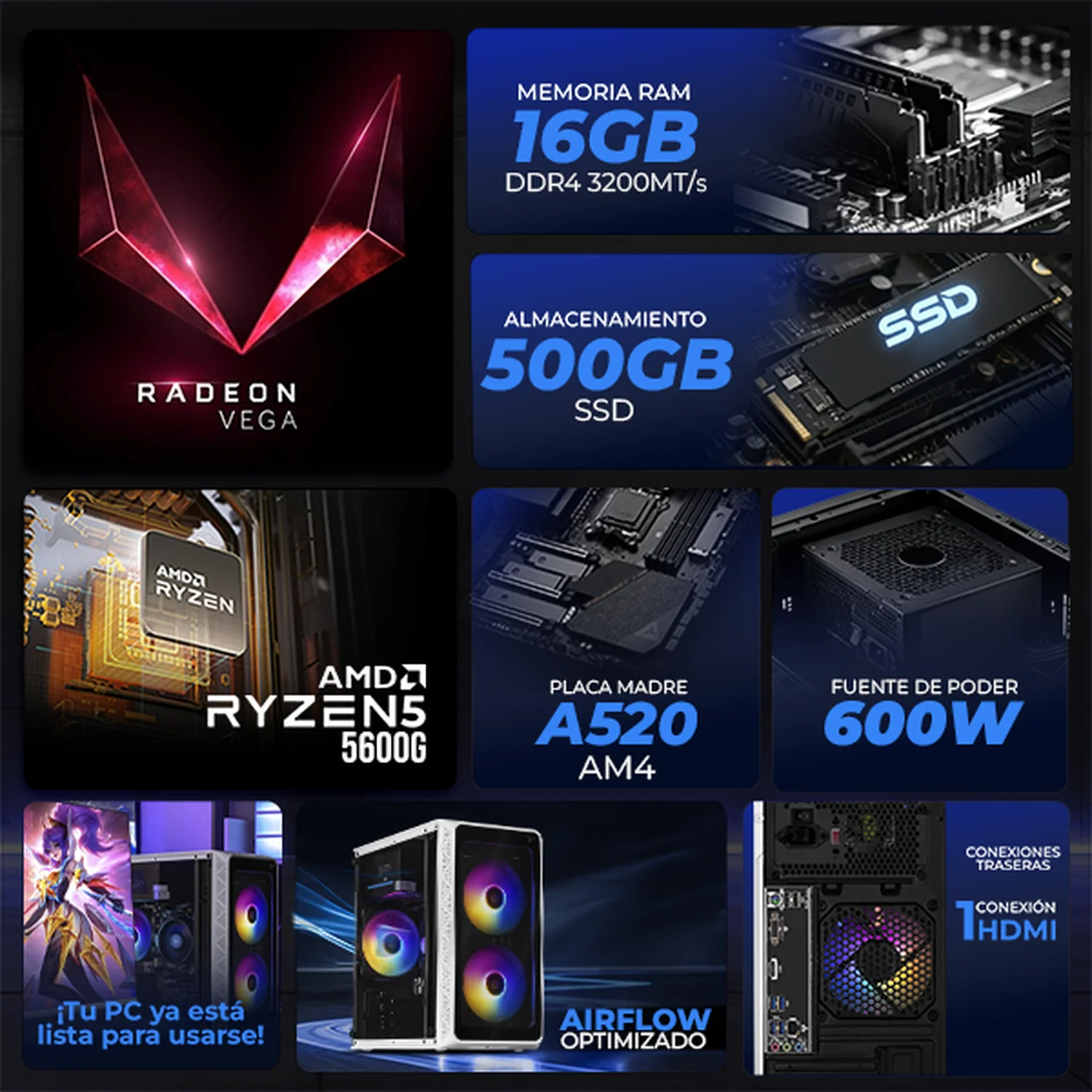 Computadora Escritorio Completa Xtreme PC Gaming AMD Radeon Vega 7 Ryzen 5 5600G 16GB SSD 500GB Monitor 27 75Hz WIFI White rendimiento básico para juegos casuales, trabajo y estudio - Image 3