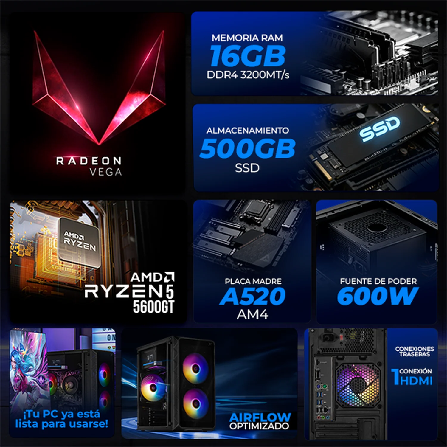 Computadora Escritorio Xtreme PC Gaming AMD Radeon Vega 7 Ryzen 5 5600GT 16GB SSD 500GB WIFI Black rendimiento básico para juegos casuales, trabajo y estudio - Image 3