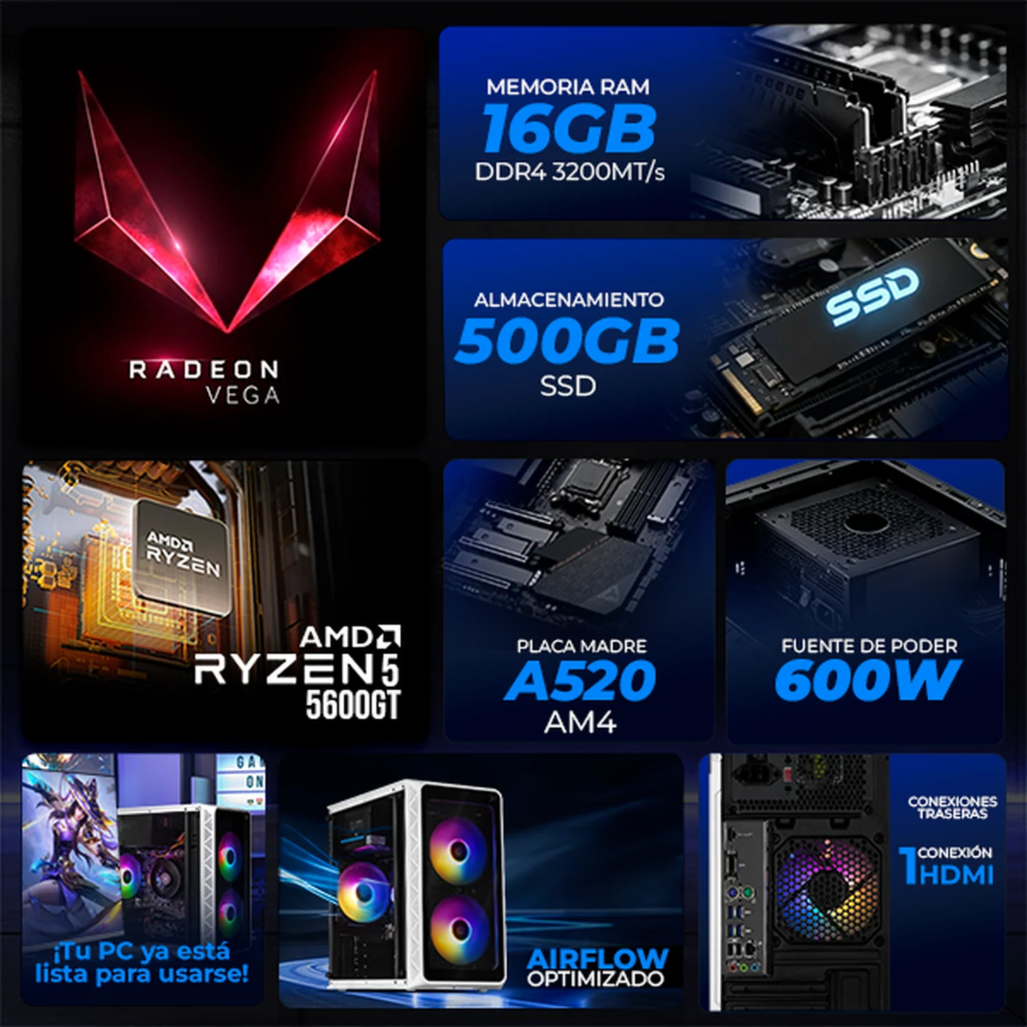 Computadora Escritorio Xtreme PC Gaming AMD Radeon Vega 7 Ryzen 5 5600GT 16GB SSD 500GB WIFI White rendimiento básico para juegos casuales, trabajo y estudio - Image 3