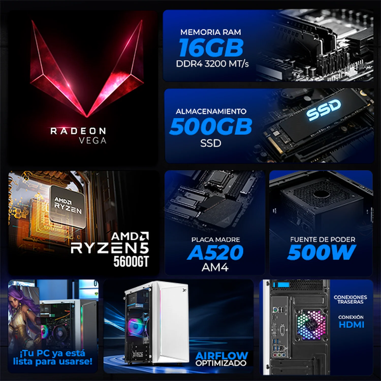 Computadora Escritorio Xtreme PC Gaming AMD Radeon Vega 7 Ryzen 5 5600GT 16GB SSD 500GB WIFI White rendimiento básico para juegos casuales, trabajo y estudio - Image 3