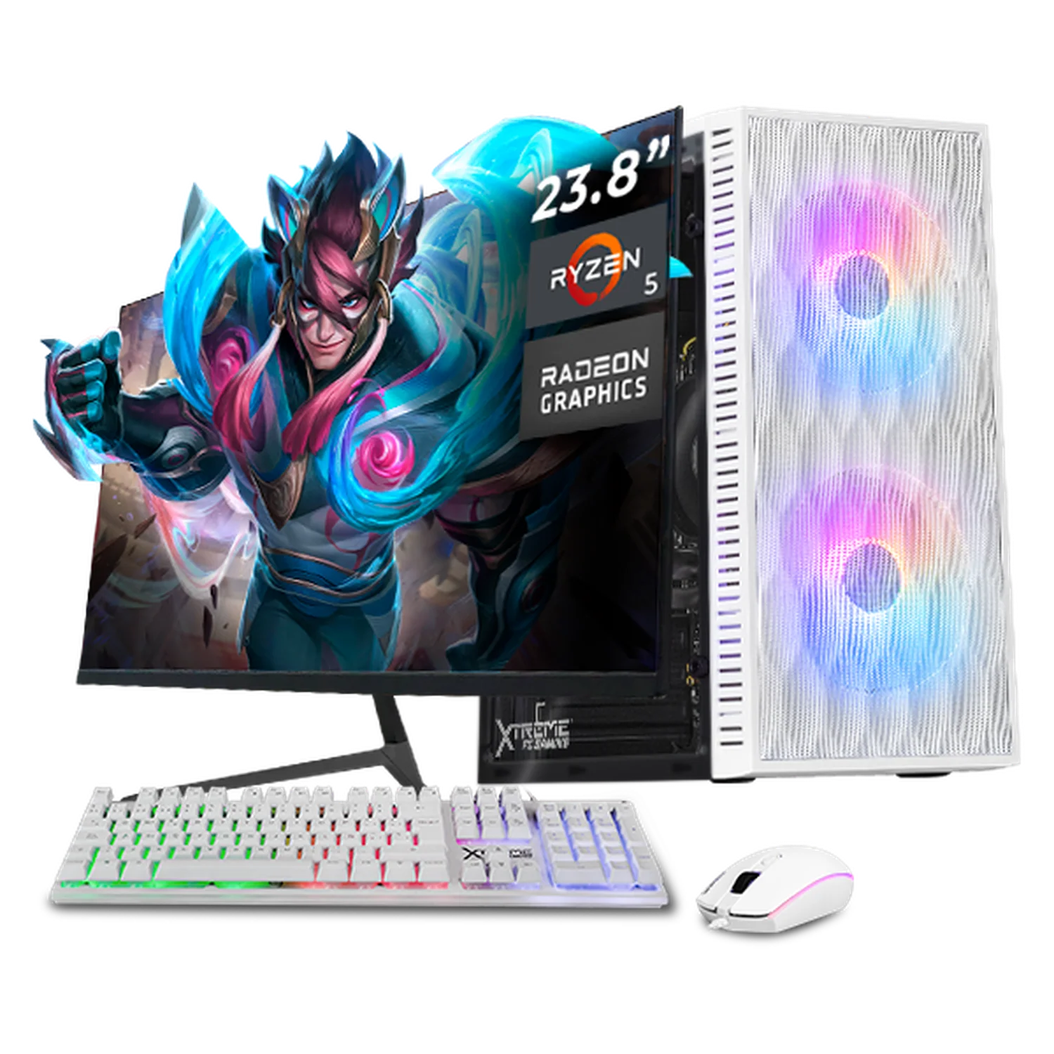 Computadora Escritorio Completa Xtreme PC Gaming AMD Radeon Vega 7 Ryzen 5 5600G 16GB SSD 500GB Monitor 23.8 100Hz WIFI White gaming ligero en calidad baja, oficina, estudio y hogar
