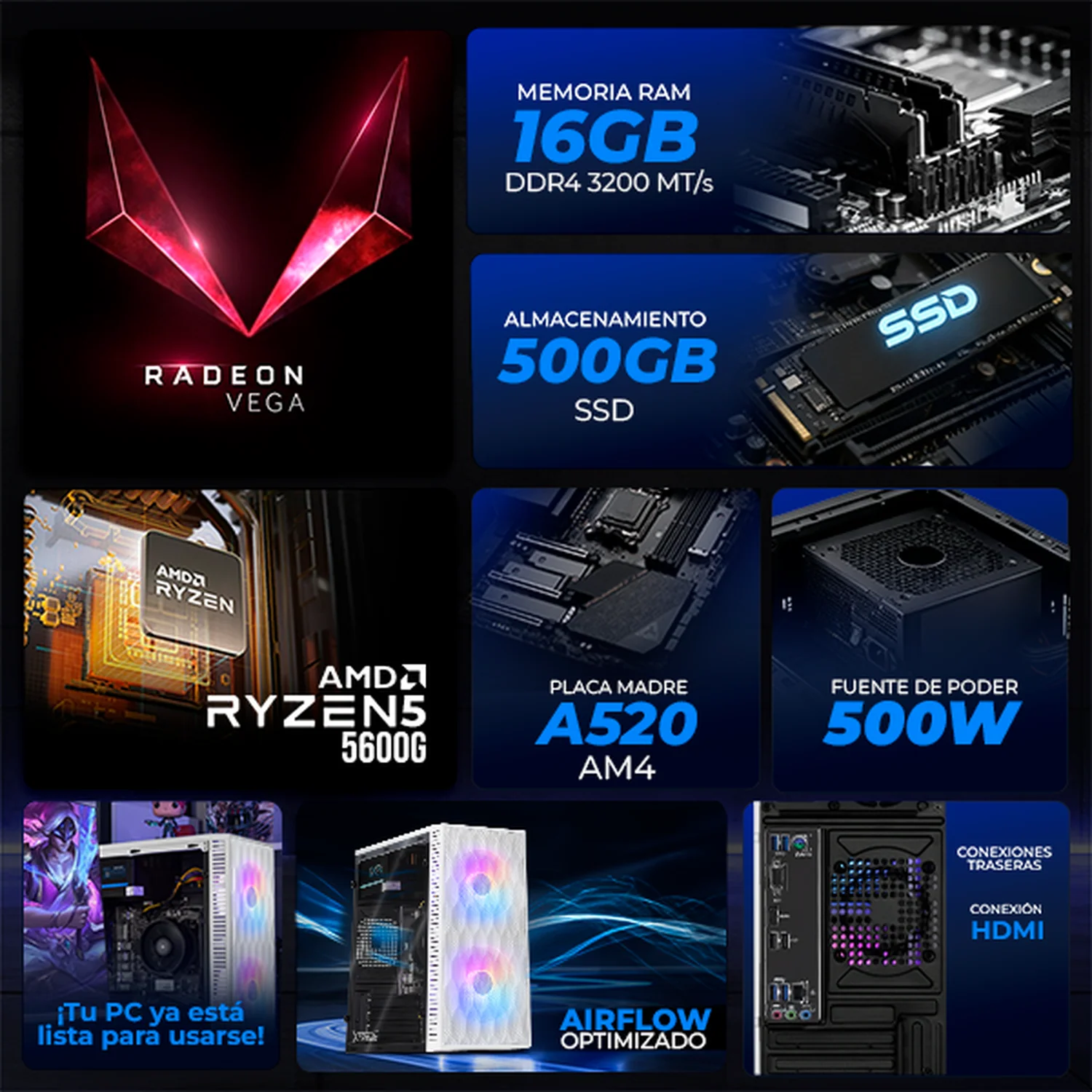 Computadora Escritorio Completa Xtreme PC Gaming AMD Radeon Vega 7 Ryzen 5 5600G 16GB SSD 500GB Monitor 23.8 100Hz WIFI White gaming ligero en calidad baja, oficina, estudio y hogar - Image 3