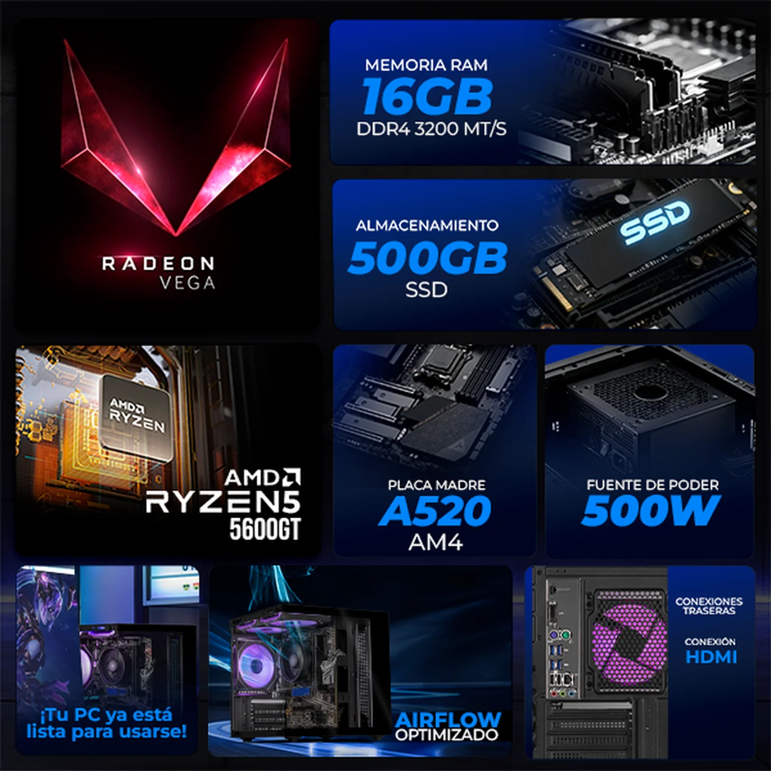 Computadora Escritorio Xtreme PC Gaming AMD Radeon Vega 7 Ryzen 5 5600GT 16GB SSD 500GB WIFI Black rendimiento básico para juegos casuales, trabajo y estudio - Image 3