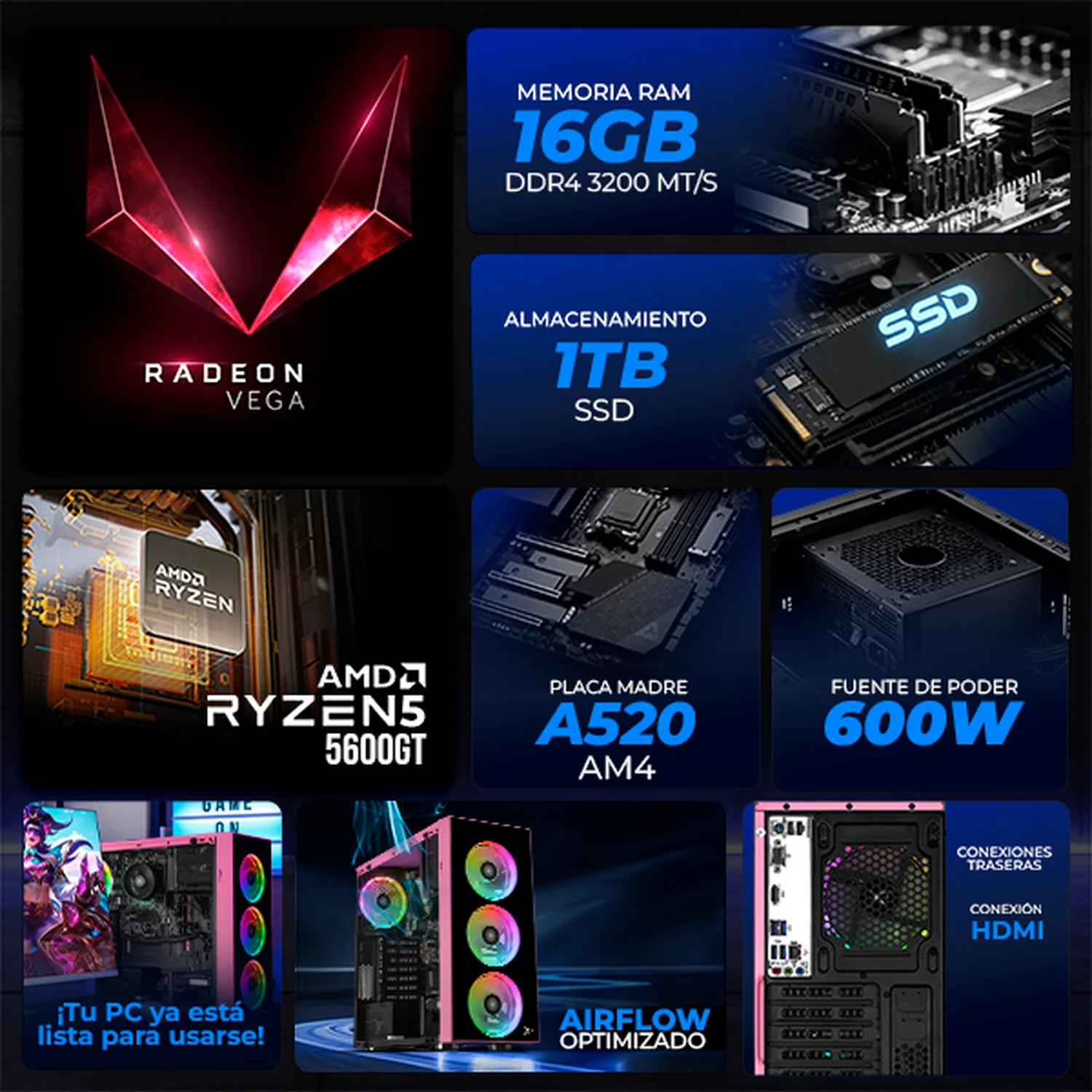 Computadora Escritorio Xtreme PC Gaming AMD Radeon Vega 7 Ryzen 5 5600GT 16GB SSD 1TB WIFI Pink rendimiento básico para juegos casuales, trabajo y estudio - Image 3