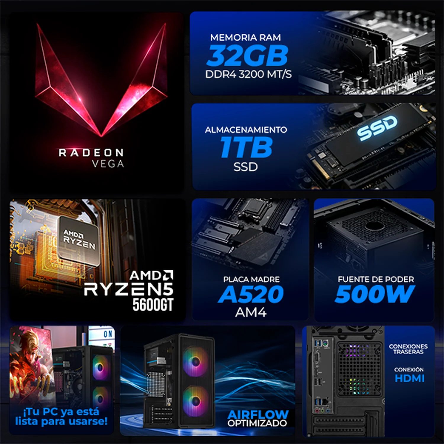 Computadora Escritorio Completa Xtreme PC Gaming AMD Radeon Vega 7 Ryzen 5 5600GT 32GB SSD 1TB Monitor 23.8 75Hz WIFI Black gaming ligero en calidad baja, oficina, estudio y hogar - Image 3