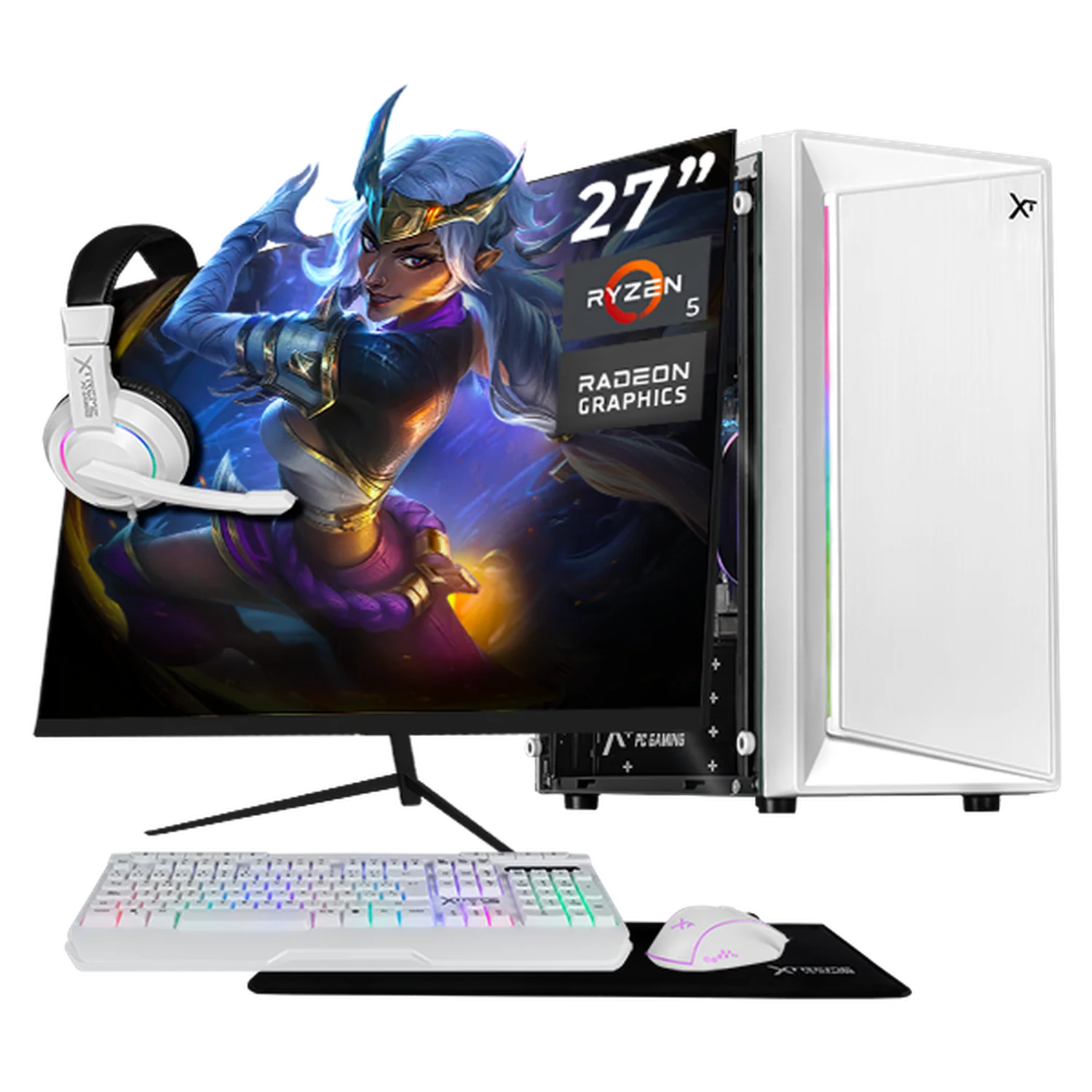 Computadora Escritorio Completa Xtreme PC Gaming AMD Radeon Vega 7 Ryzen 5 5600GT 16GB SSD 1TB Monitor 27 75Hz WIFI White rendimiento básico para juegos casuales, trabajo y estudio