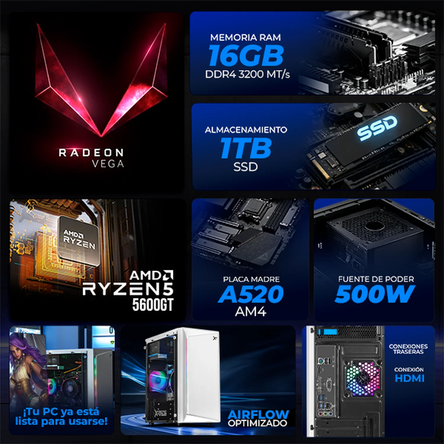 Computadora Escritorio Completa Xtreme PC Gaming AMD Radeon Vega 7 Ryzen 5 5600GT 16GB SSD 1TB Monitor 27 75Hz WIFI White rendimiento básico para juegos casuales, trabajo y estudio - Image 3