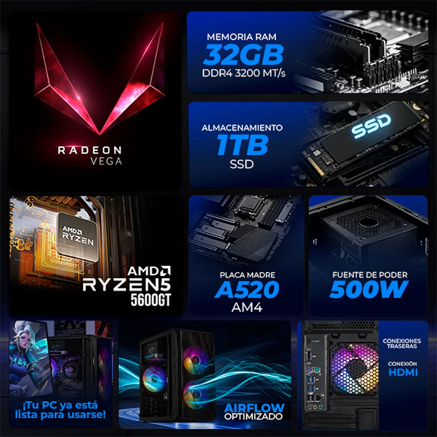 Computadora Escritorio Xtreme PC Gaming AMD Radeon Vega 7 Ryzen 5 5600GT 32GB SSD 1TB WIFI Black rendimiento básico para juegos casuales, trabajo y estudio - Image 3