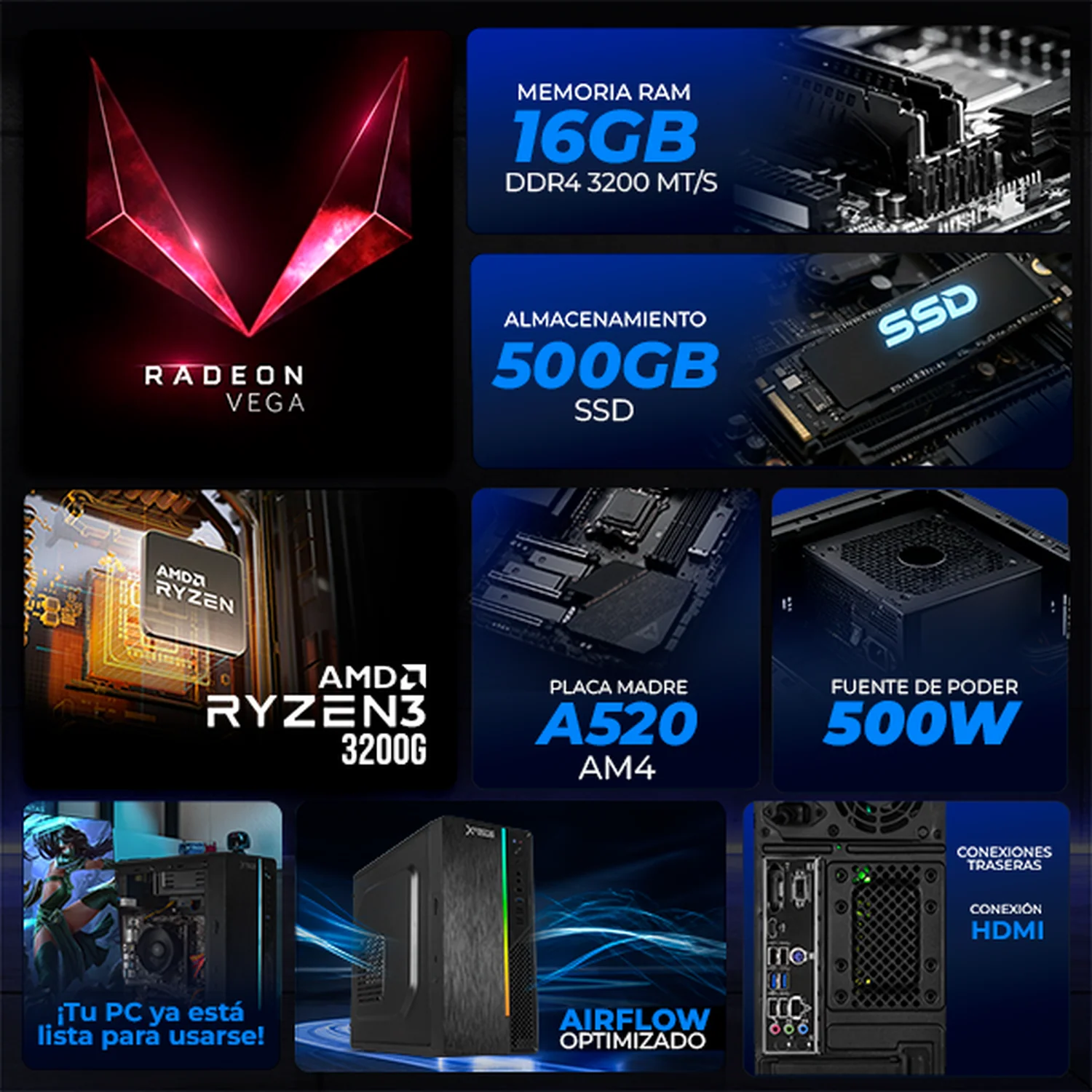 Xtreme PC Gaming AMD Radeon Vega 8 Ryzen 3 3200G 3.6 Ghz Quad Core 16GB SSD 500GB Monitor 23.8 75Hz WIFI Ultron Black - Image 3