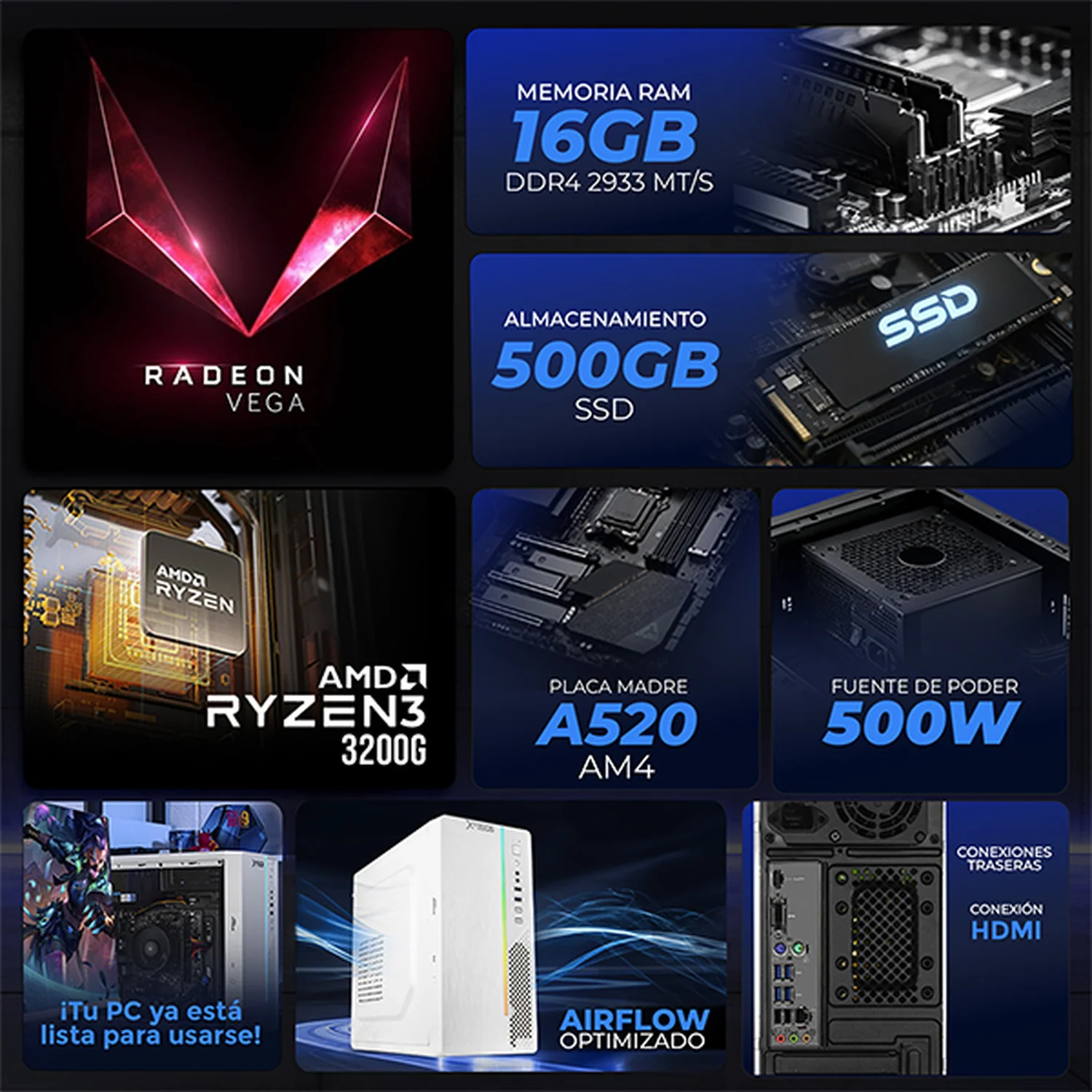 Computadora Escritorio Completa Xtreme PC Gaming AMD Radeon Vega 8 Ryzen 3 3200G 16GB SSD 500GB Monitor 23.8 75Hz WIFI White rendimiento básico para juegos casuales, trabajo y estudio - Image 3
