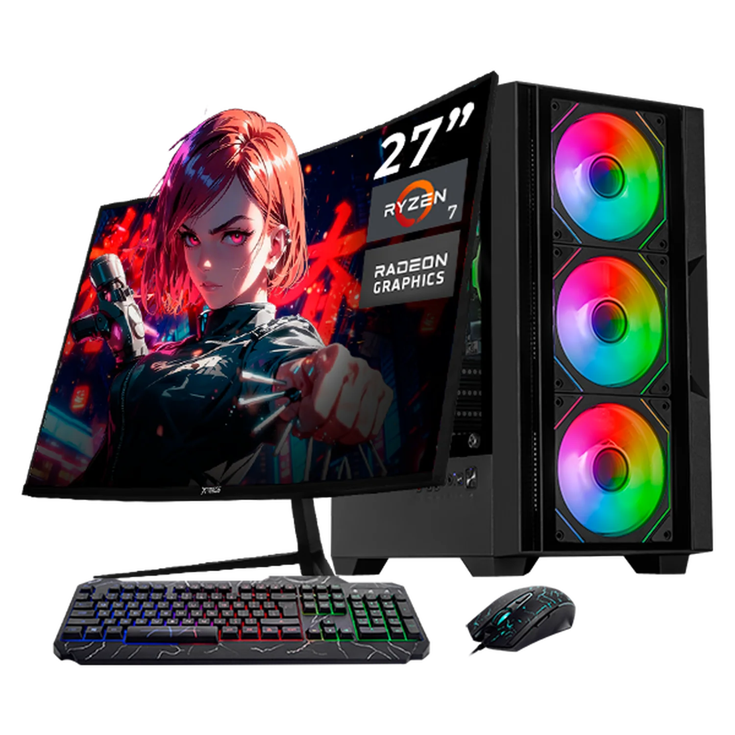 Computadora Escritorio Completa Xtreme PC Gaming AMD Radeon Vega 8 Ryzen 7 5700G 16GB SSD 500GB Monitor Curvo 27 100Hz WIFI Black rendimiento básico para juegos casuales, trabajo y estudio