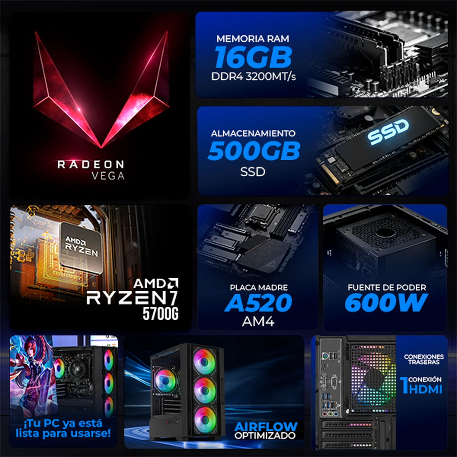 Computadora Escritorio Completa Xtreme PC Gaming AMD Radeon Vega 8 Ryzen 7 5700G 16GB SSD 500GB Monitor Curvo 27 100Hz WIFI Black rendimiento básico para juegos casuales, trabajo y estudio - Image 3