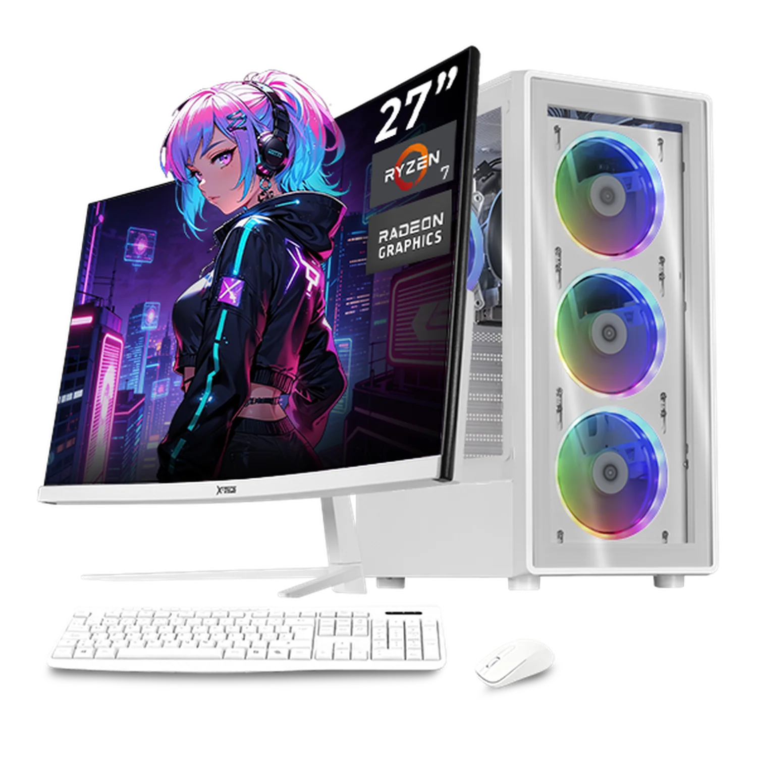 Computadora Escritorio Completa Xtreme PC Gaming AMD Radeon Vega 8 Ryzen 7 5700G 16GB SSD 500GB Monitor Curvo 27 100Hz WIFI White rendimiento básico para juegos casuales, trabajo y estudio