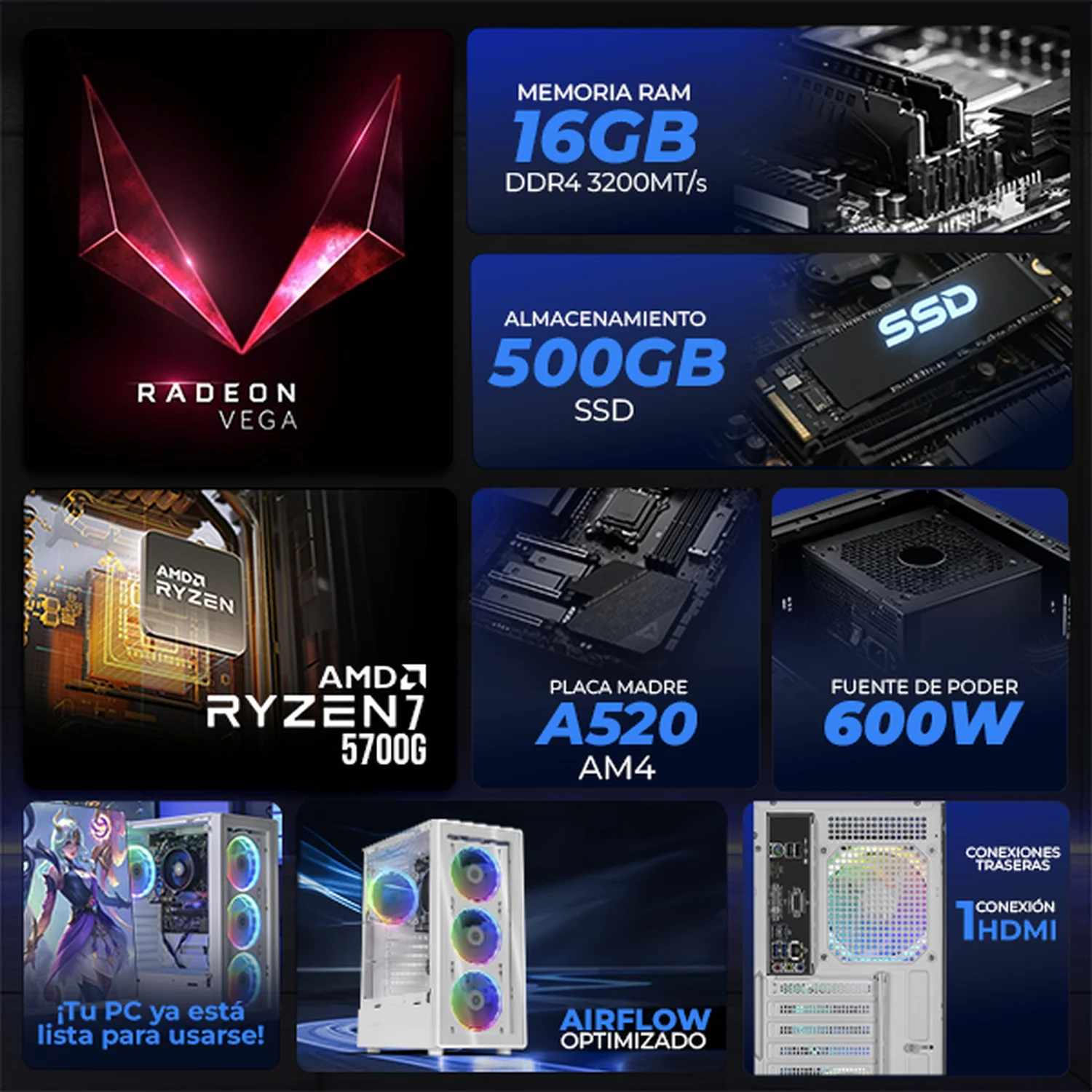 Computadora Escritorio Completa Xtreme PC Gaming AMD Radeon Vega 8 Ryzen 7 5700G 16GB SSD 500GB Monitor Curvo 27 100Hz WIFI White rendimiento básico para juegos casuales, trabajo y estudio - Image 3