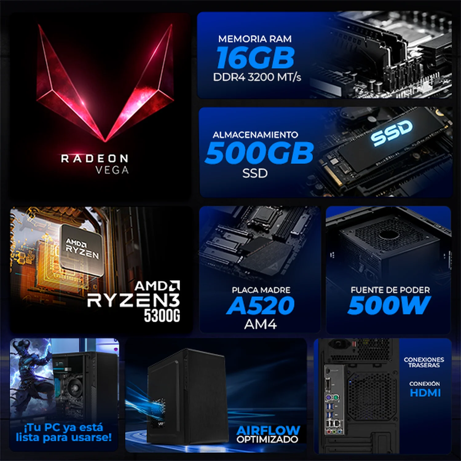 Computadora Escritorio Completa Xtreme PC Gaming AMD Radeon Vega Renoir Ryzen 3 5300G 16GB SSD 500GB Monitor 23.8 75Hz WIFI Black gaming ligero en calidad baja, oficina, estudio y hogar - Image 3
