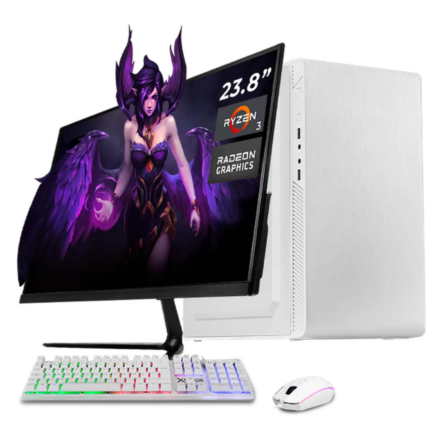 Computadora Escritorio Completa Xtreme PC Gaming AMD Radeon Vega Renoir Ryzen 3 5300G 16GB SSD 500GB Monitor 23.8 75Hz WIFI White rendimiento básico para juegos casuales, trabajo y estudio