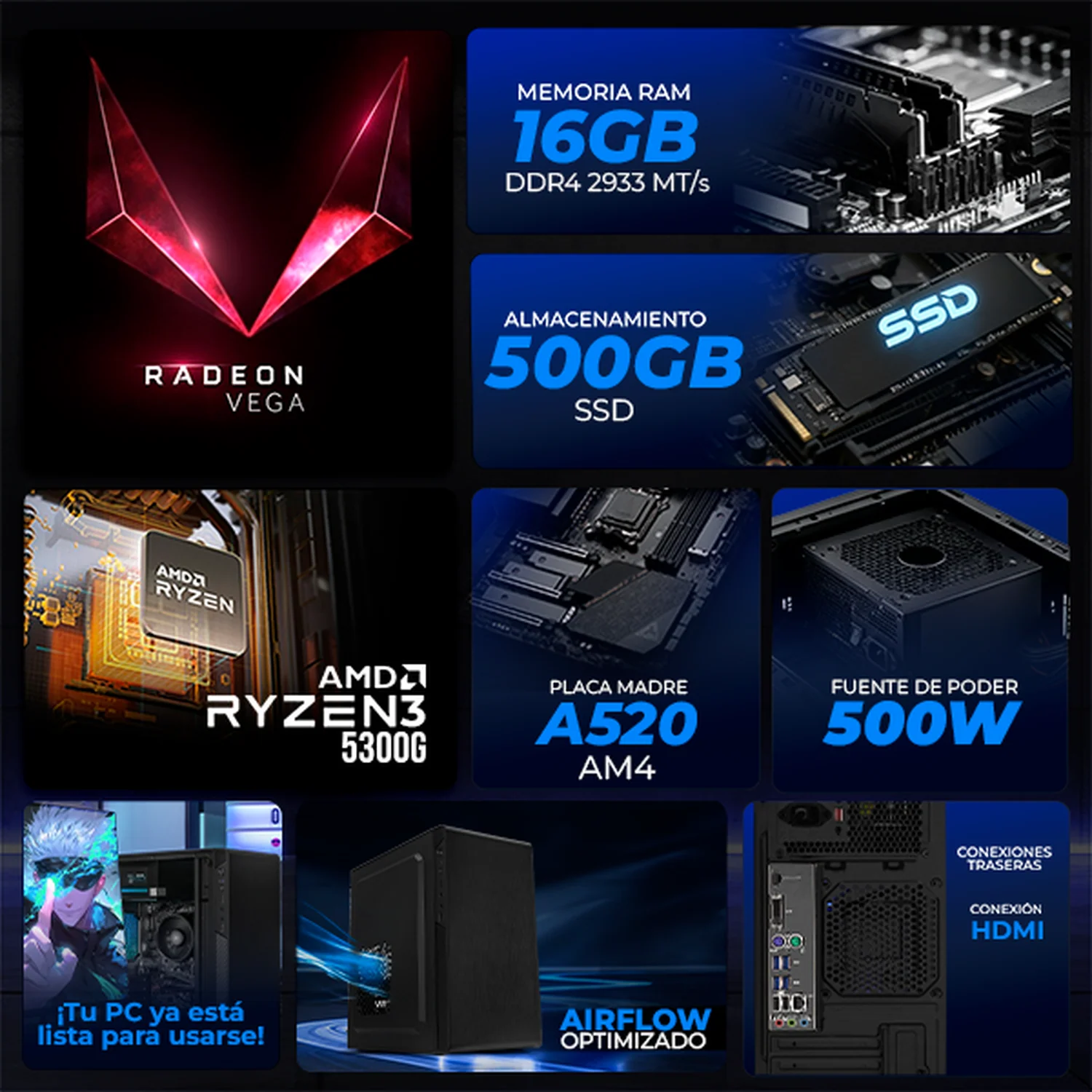 Computadora Escritorio Xtreme PC Gaming AMD Radeon Vega Renoir Ryzen 3 5300G 16GB SSD 500GB WIFI Black gaming ligero en calidad baja, oficina, estudio y hogar - Image 3