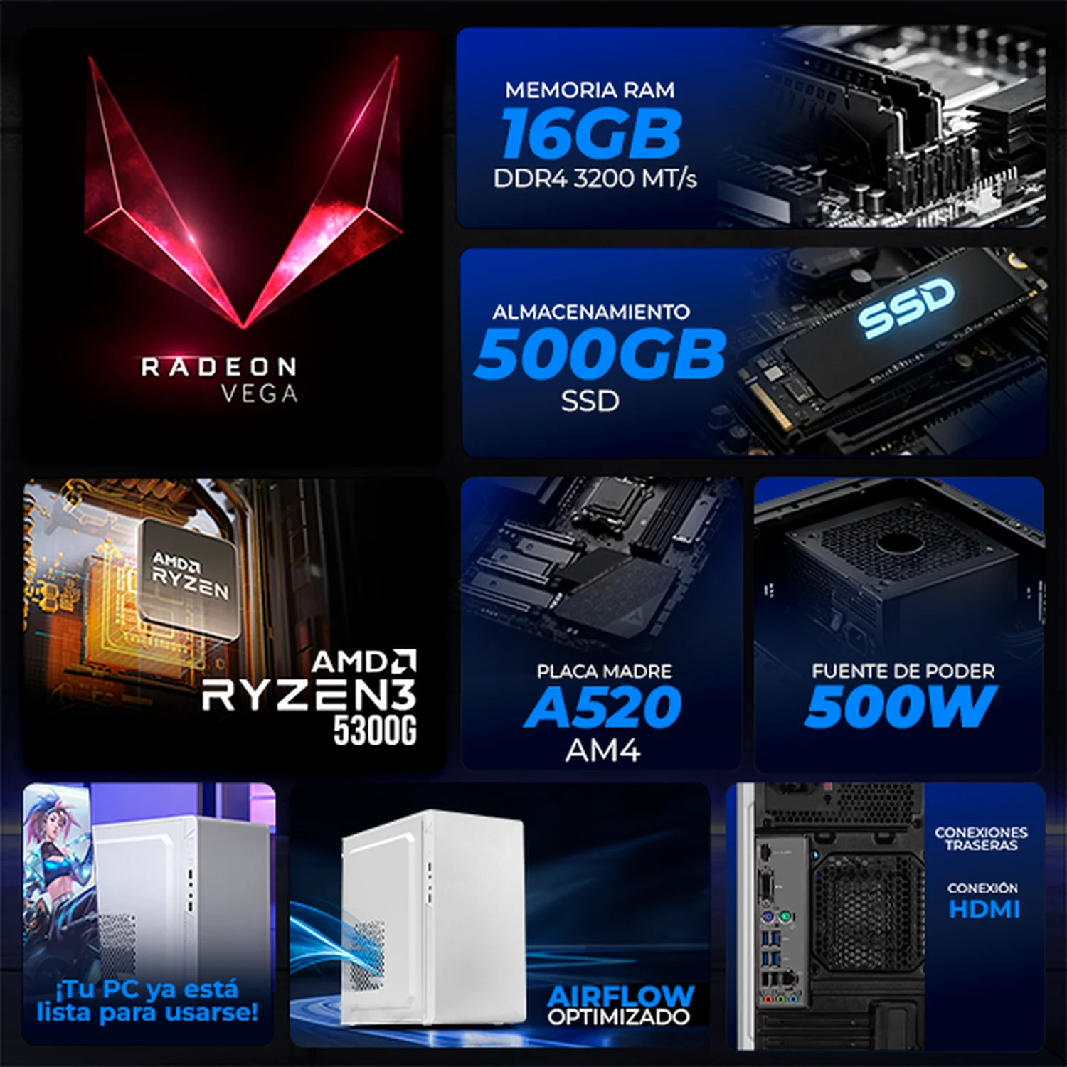 Computadora Escritorio Xtreme PC Gaming AMD Radeon Vega Renoir Ryzen 3 5300G 16GB SSD 500GB WIFI White rendimiento básico para juegos casuales, trabajo y estudio - Image 3