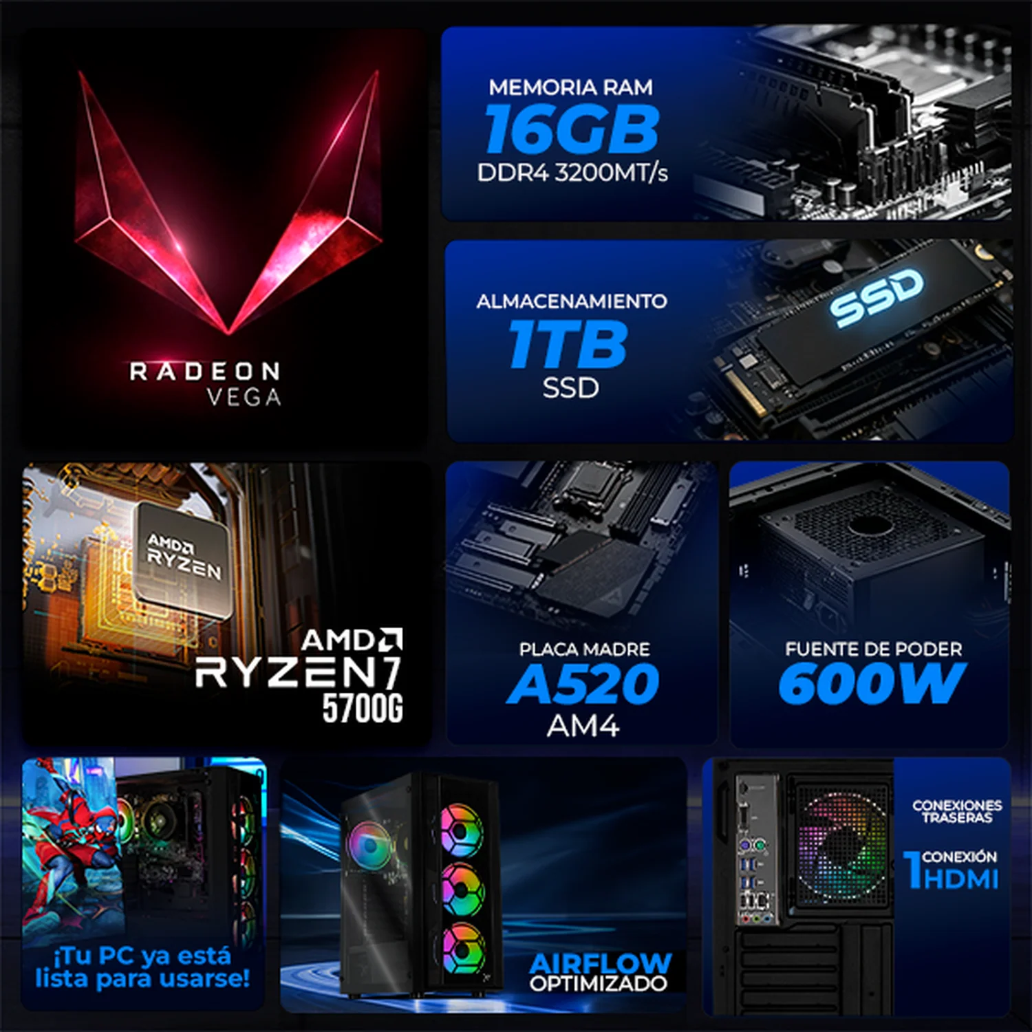 Computadora Escritorio Completa Xtreme PC Gaming AMD Radeon Vega Renoir Ryzen 7 5700G 16GB SSD 1TB Monitor Curvo 23.8 100Hz WIFI Black rendimiento básico para juegos casuales, trabajo y estudio - Image 3