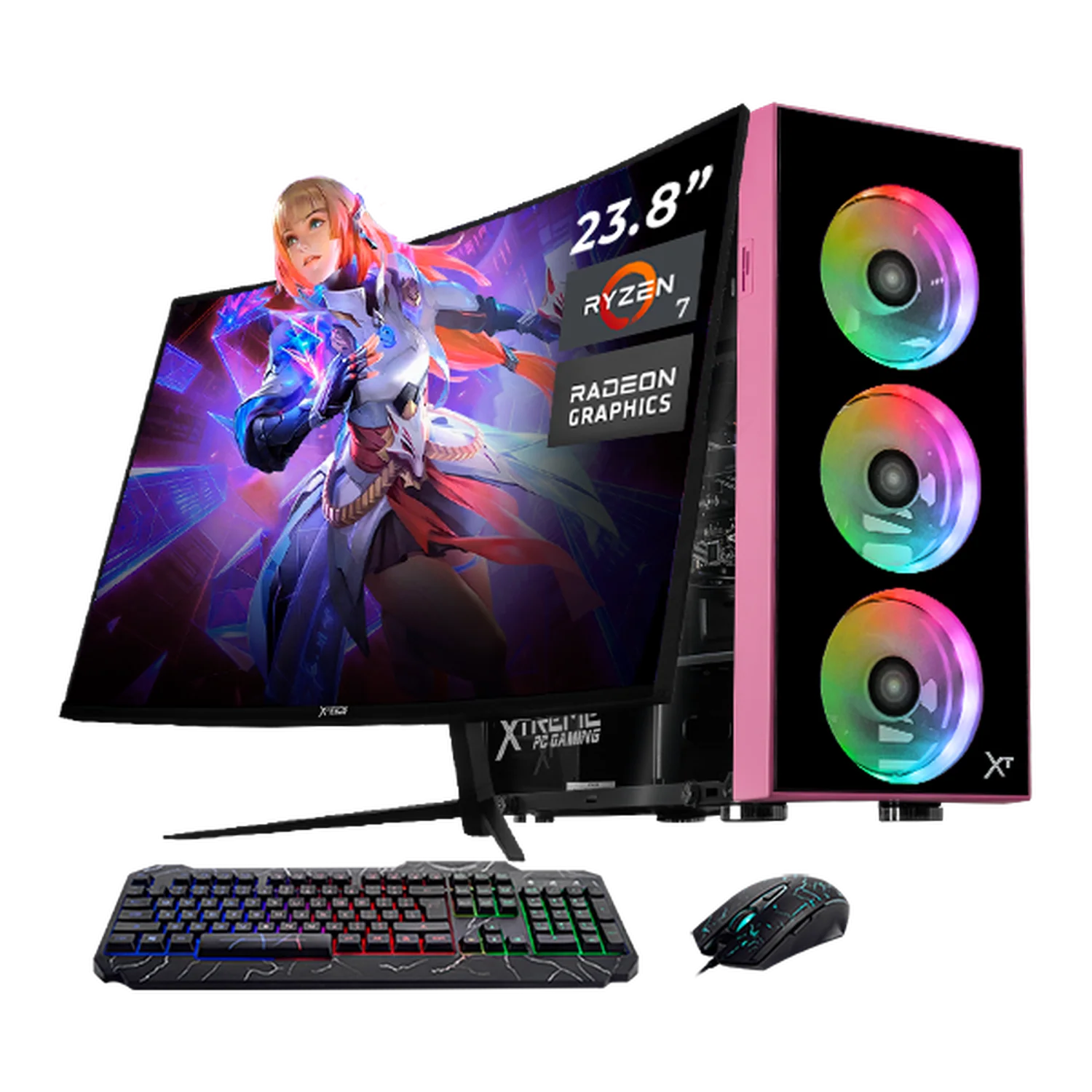 Computadora Escritorio Completa Xtreme PC Gaming AMD Radeon Vega Renoir Ryzen 7 5700G 16GB SSD 1TB Monitor Curvo 23.8 100Hz WIFI Pink rendimiento básico para juegos casuales, trabajo y estudio