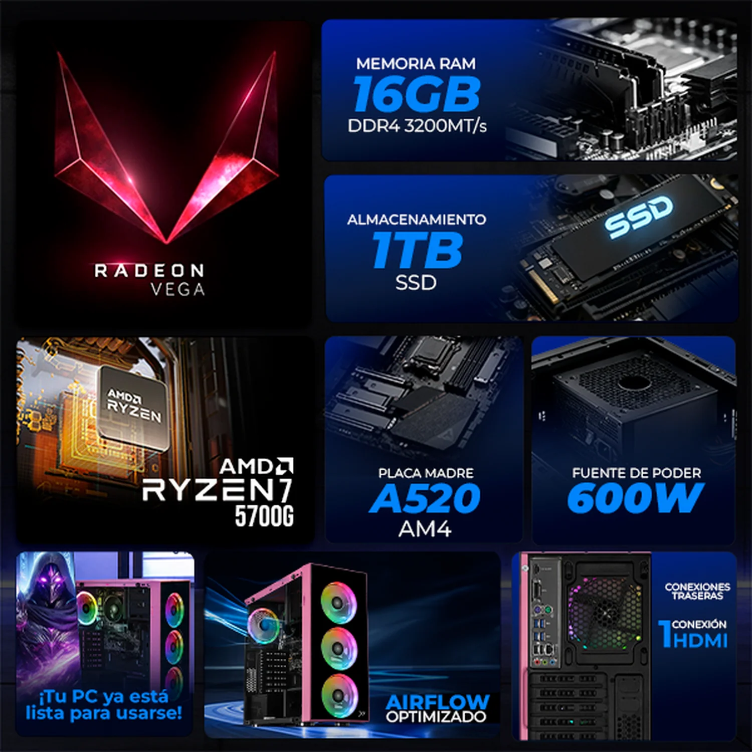 Computadora Escritorio Completa Xtreme PC Gaming AMD Radeon Vega Renoir Ryzen 7 5700G 16GB SSD 1TB Monitor Curvo 23.8 100Hz WIFI Pink rendimiento básico para juegos casuales, trabajo y estudio - Image 3