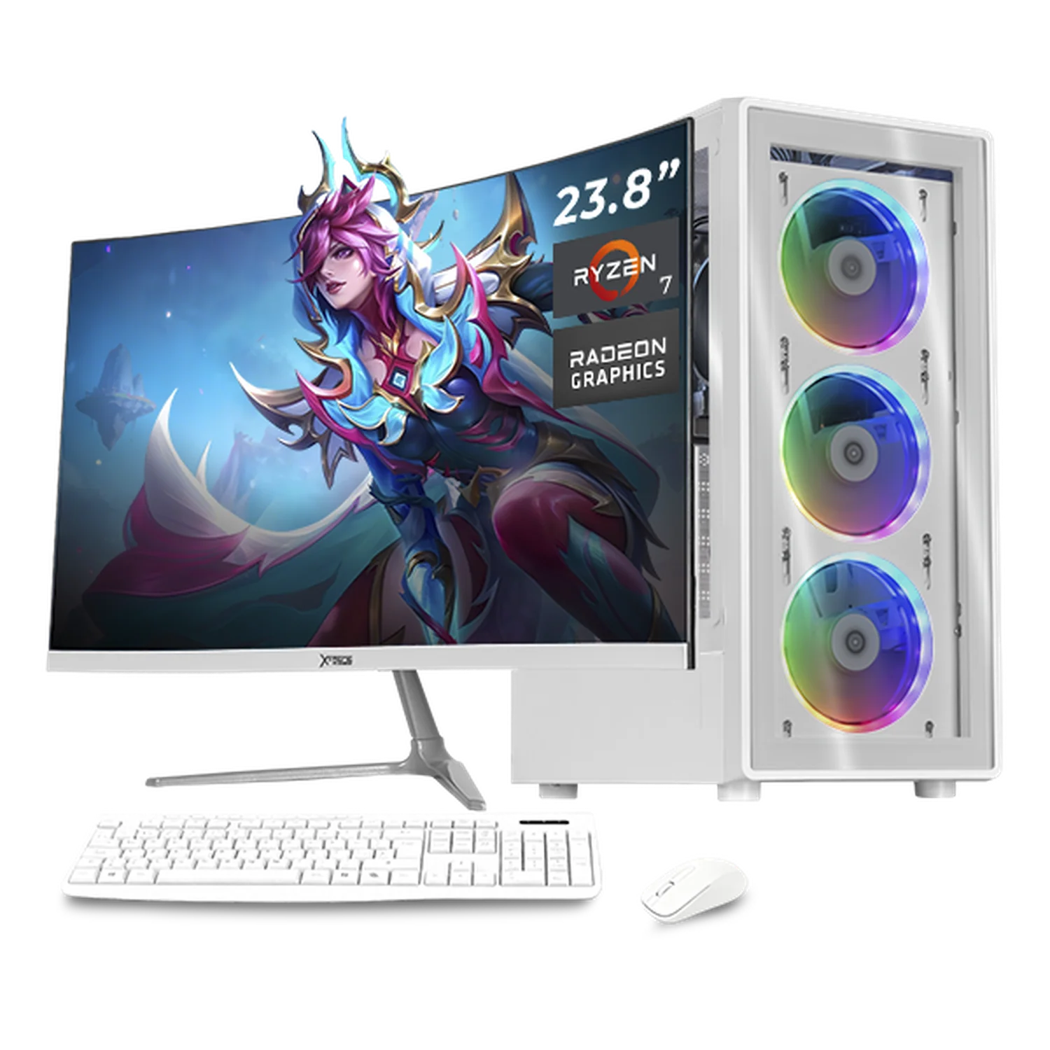 Computadora Escritorio Completa Xtreme PC Gaming AMD Radeon Vega Renoir Ryzen 7 5700G 16GB SSD 1TB Monitor Curvo 23.8 100Hz WIFI White rendimiento básico para juegos casuales, trabajo y estudio