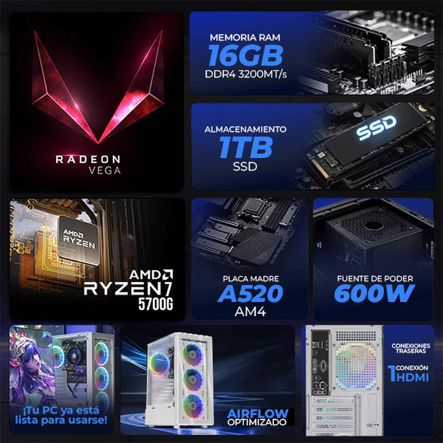 Computadora Escritorio Completa Xtreme PC Gaming AMD Radeon Vega Renoir Ryzen 7 5700G 16GB SSD 1TB Monitor Curvo 23.8 100Hz WIFI White rendimiento básico para juegos casuales, trabajo y estudio - Image 3