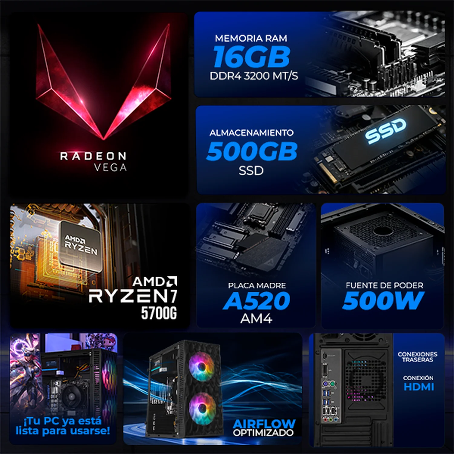 Computadora Escritorio Xtreme PC Gaming AMD Radeon Vega Renoir Ryzen 7 5700G 16GB SSD 500GB WIFI Black rendimiento básico para juegos casuales, trabajo y estudio - Image 3