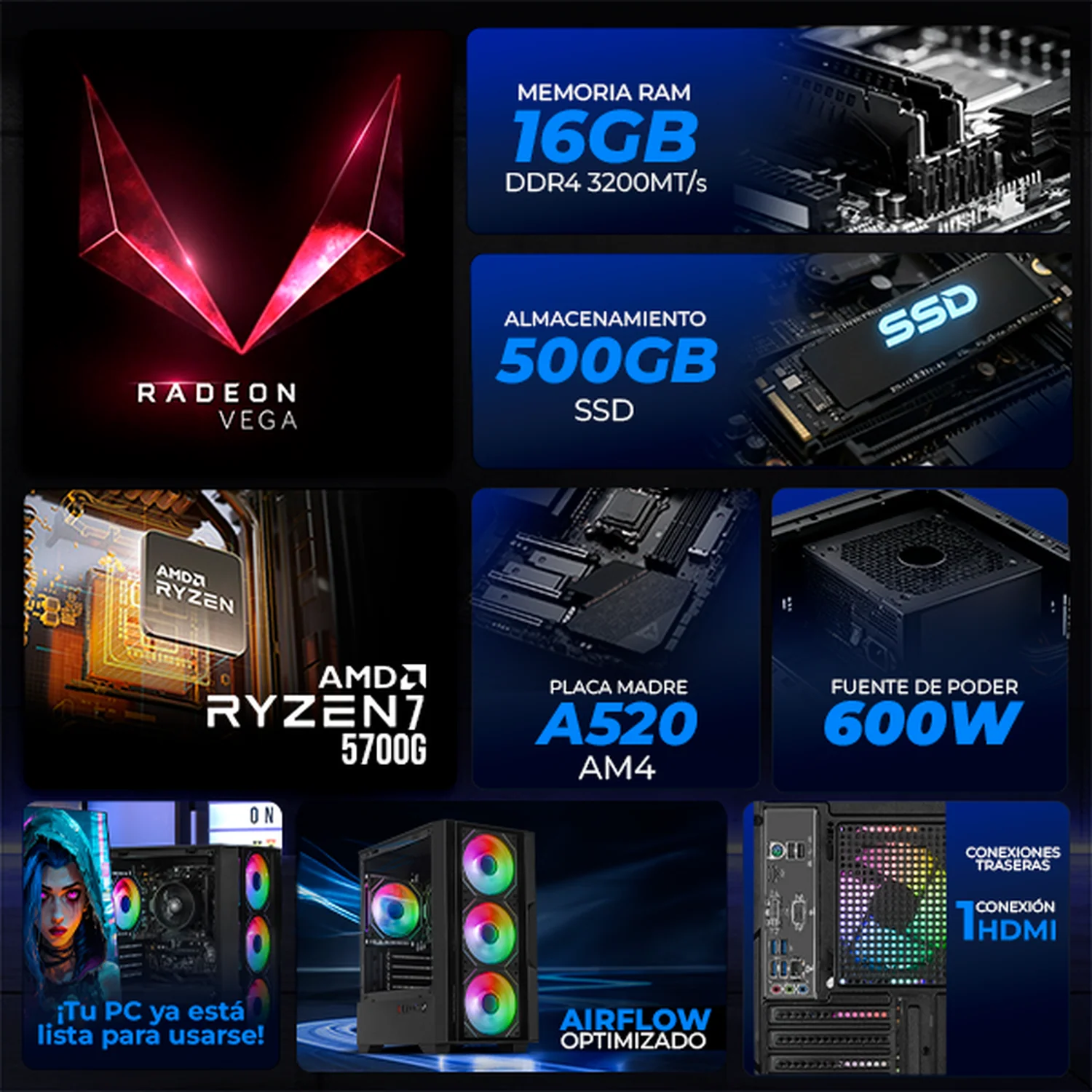 Computadora Escritorio Completa Xtreme PC Gaming AMD Radeon Vega Renoir Ryzen 7 5700G 16GB SSD 500GB Monitor Curvo 23.8 100Hz WIFI Black rendimiento básico para juegos casuales, trabajo y estudio - Image 3