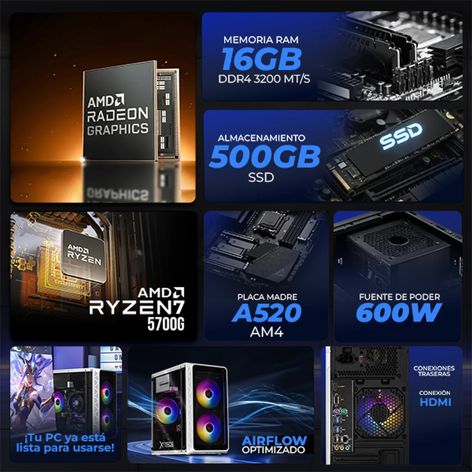 Computadora Escritorio Completa Xtreme PC Gaming AMD Radeon Vega Renoir Ryzen 7 5700G 16GB SSD 500GB Monitor Curvo 23.8 WIFI White rendimiento básico para juegos casuales, trabajo y estudio - Image 3
