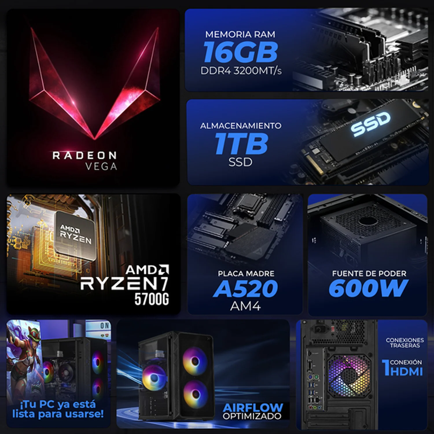 Computadora Escritorio Completa Xtreme PC Gaming AMD Radeon Vega Renoir Ryzen 7 5700G 16GB SSD 1TB Monitor 24.5 100Hz WIFI Black rendimiento básico para juegos casuales, trabajo y estudio - Image 3