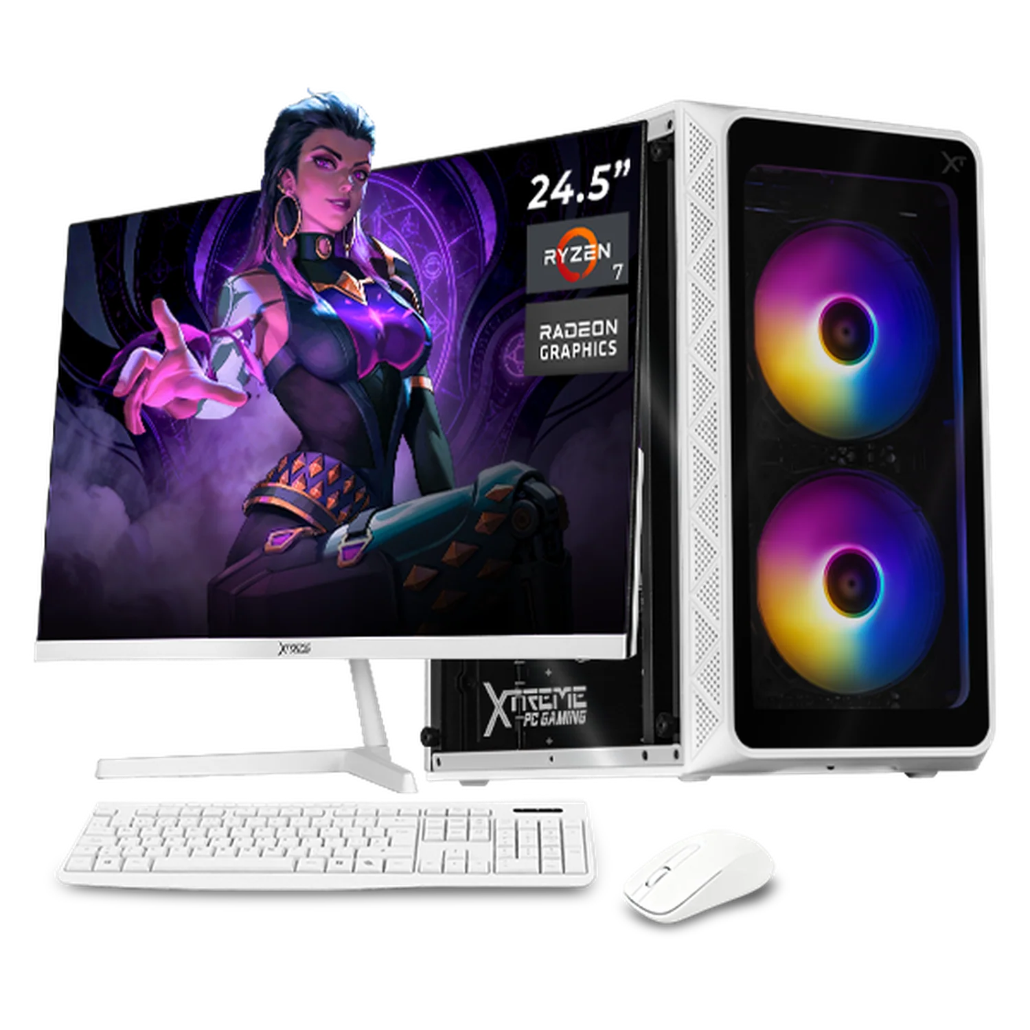 Computadora Escritorio Completa Xtreme PC Gaming AMD Radeon Vega Renoir Ryzen 7 5700G 16GB SSD 1TB Monitor 24.5 100Hz WIFI White rendimiento básico para juegos casuales, trabajo y estudio