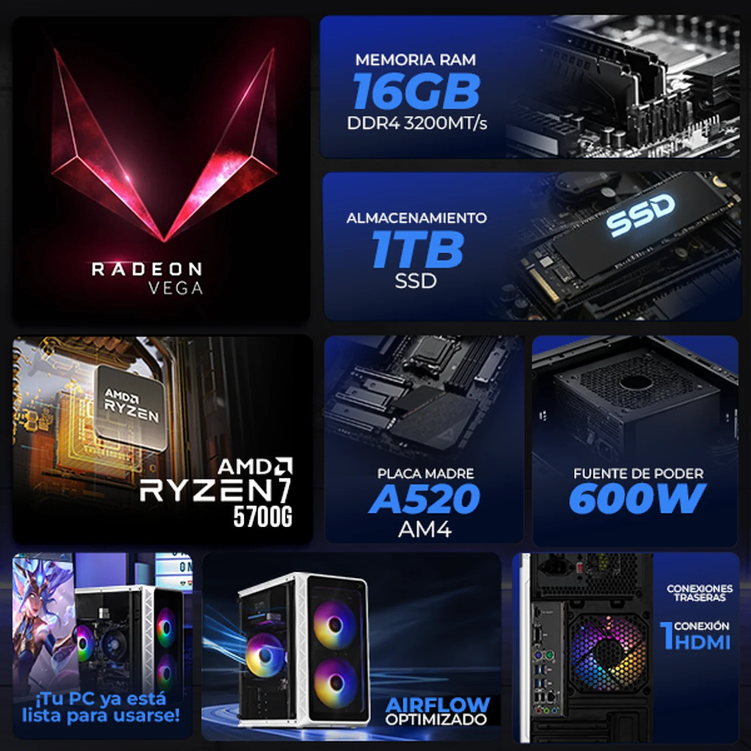 Computadora Escritorio Completa Xtreme PC Gaming AMD Radeon Vega Renoir Ryzen 7 5700G 16GB SSD 1TB Monitor 24.5 100Hz WIFI White rendimiento básico para juegos casuales, trabajo y estudio - Image 3