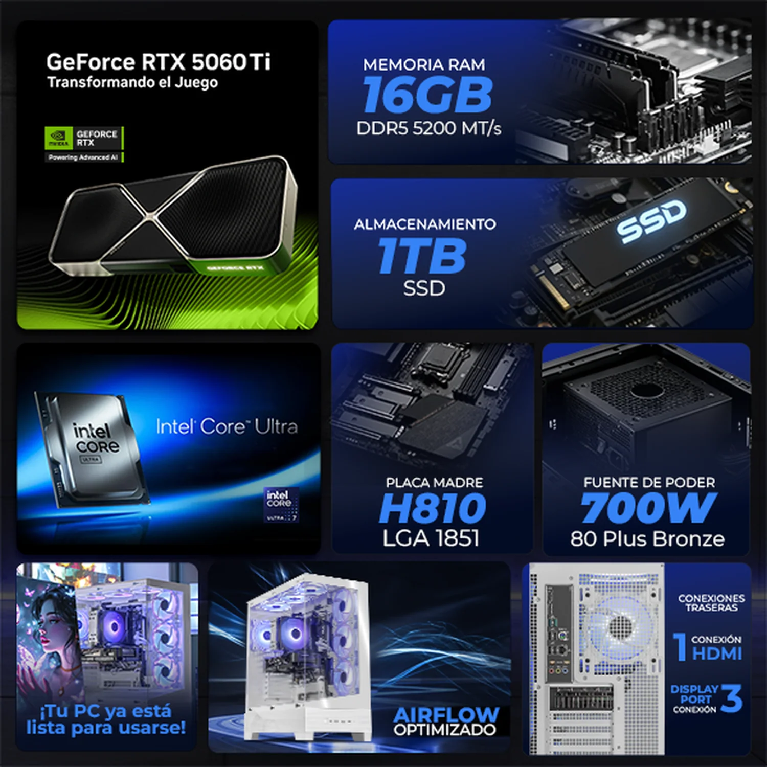 PC Gamer IA Entry Xtreme PC Gaming ASUS NVIDIA GeForce RTX 5060 Ti Intel Core Ultra 7 265KF 16GB DDR5 SSD 1TB WIFI White PBA Productividad Versátil Acelerada con IA - Image 3