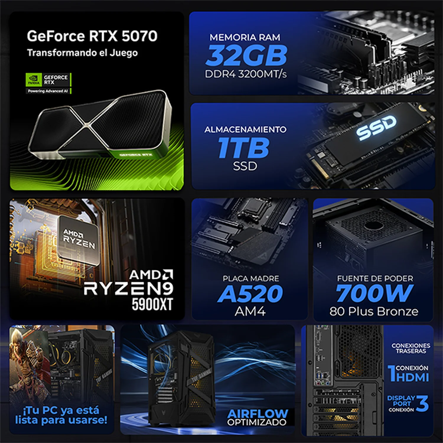 PC Gamer Completa con IA Xtreme PC Gaming ASUS TUF NVIDIA GeForce RTX 5070 AMD Ryzen 9 5900XT 32GB SSD 1TB Monitor Curvo 27 165Hz Sistema Liquido WIFI para gaming competitivo y streaming - Image 3