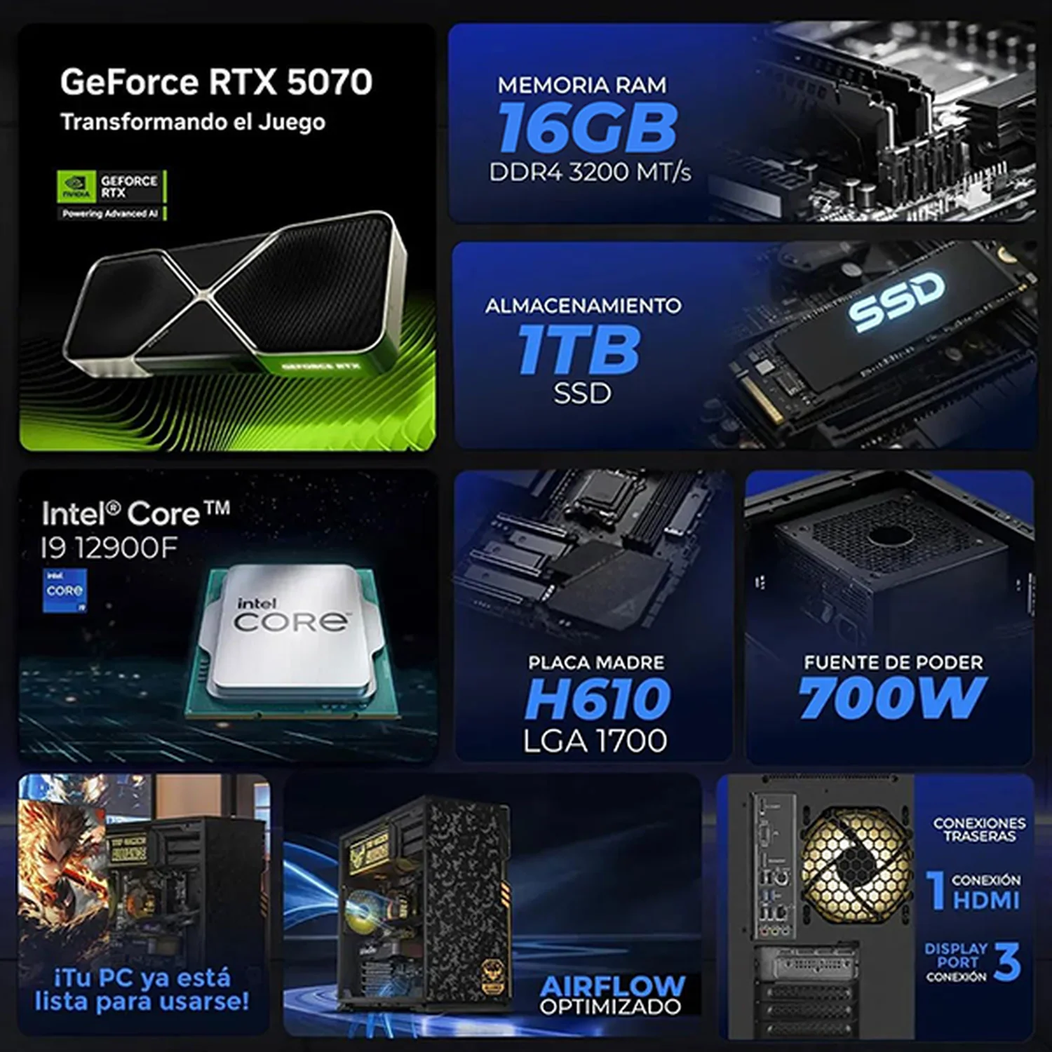 PC Gamer Xtreme PC Gaming NVIDIA GeForce RTX 5070 Intel Core i9 12900F 16GB SSD 1TB WIFI Black para gaming competitivo y streaming - Image 3