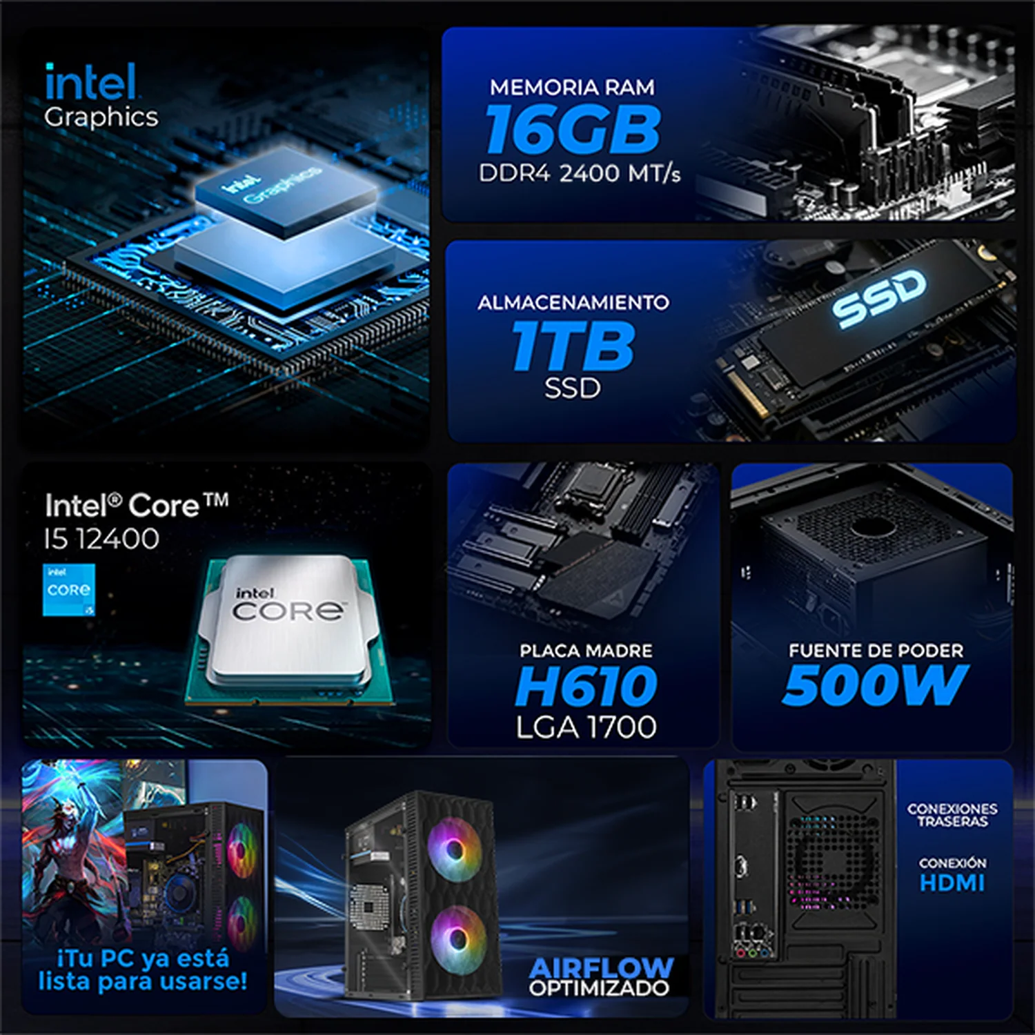 Computadora Escritorio Completa Xtreme PC Gaming Intel Core i5 12400 16GB SSD 1TB Monitor Curvo 23.8 100Hz WIFI Black rendimiento básico para juegos casuales, trabajo y estudio - Image 3