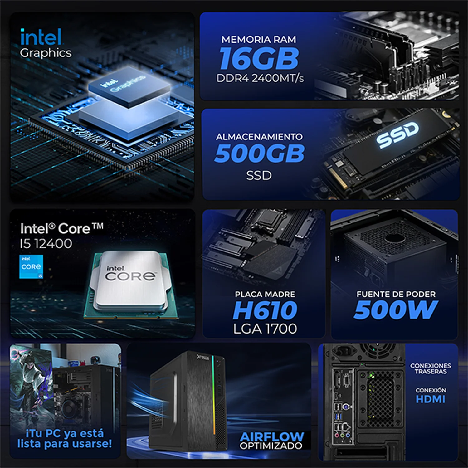 Computadora Escritorio Completa Xtreme PC Gaming Intel Core i5 12400 16GB SSD 500GB Monitor 23.8 75Hz WIFI Black rendimiento básico para juegos casuales, trabajo y estudio - Image 3