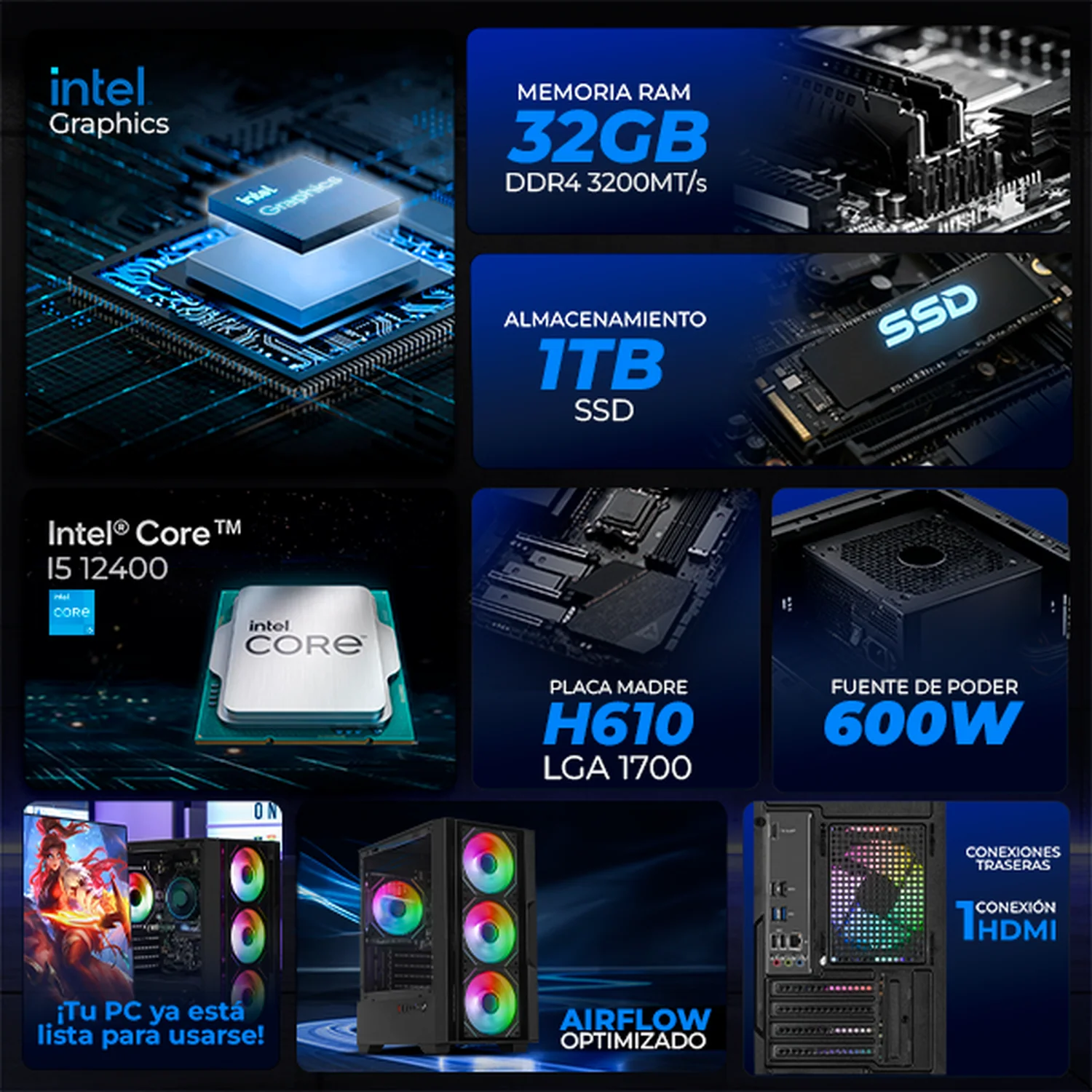 Computadora Escritorio Xtreme PC Gaming Intel Core i5 12400 32GB SSD 1TB WIFI Black rendimiento básico para juegos casuales, trabajo y estudio - Image 3