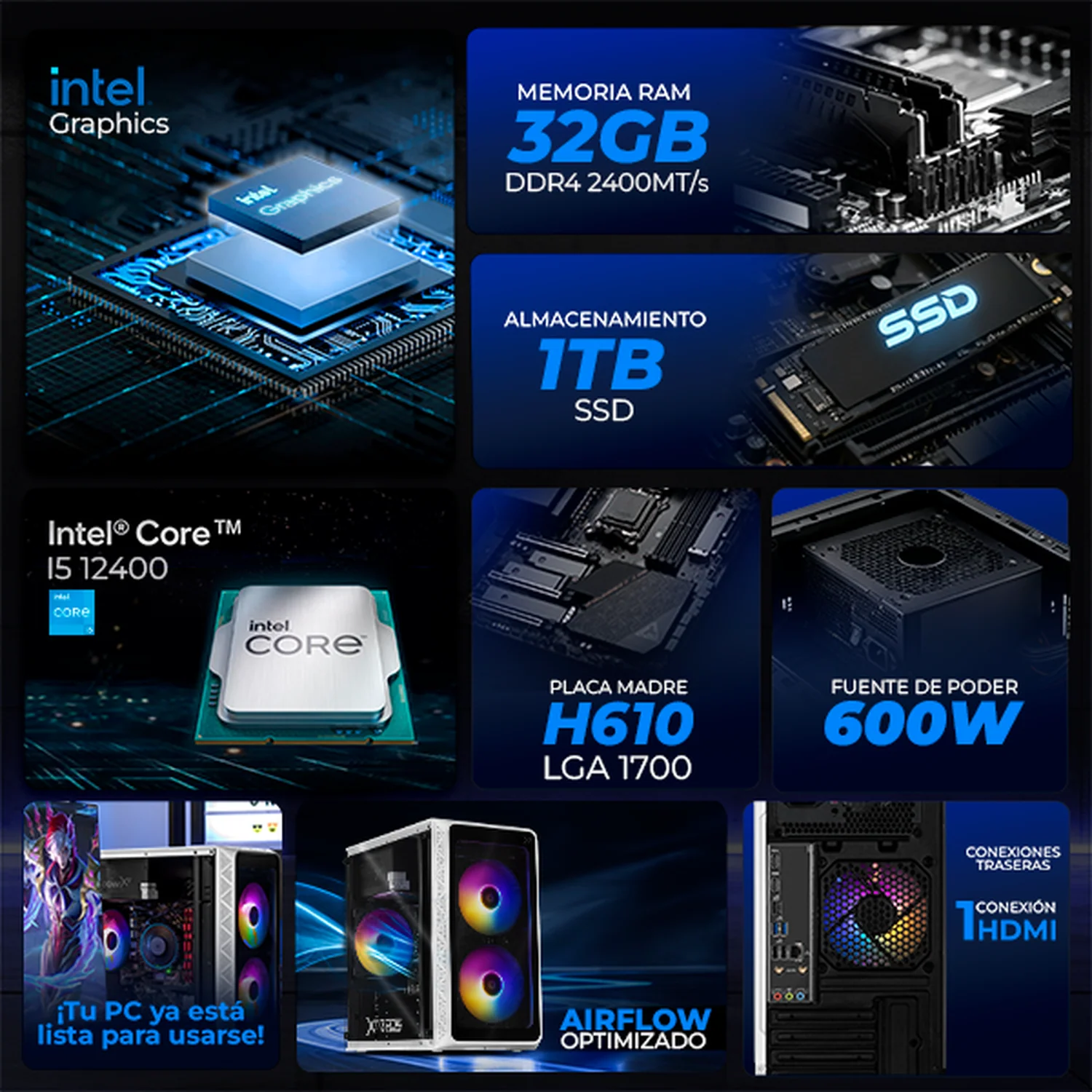 Computadora Escritorio Xtreme PC Gaming Intel Core i5 12400 32GB SSD 1TB WIFI White rendimiento básico para juegos casuales, trabajo y estudio - Image 3