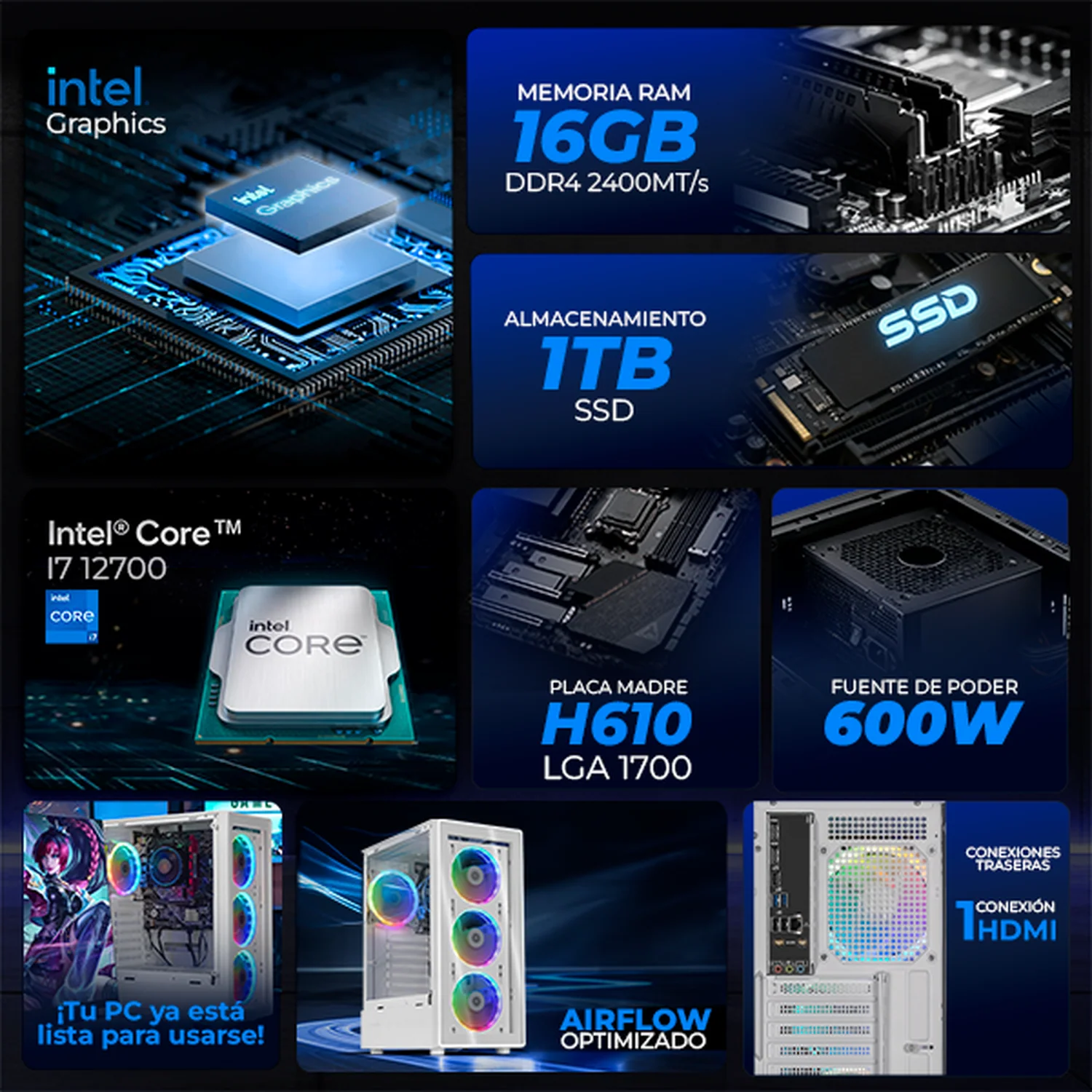 Computadora Escritorio Completa Xtreme PC Gaming Intel Core i7 12700 16GB SSD 1TB Monitor 27 75Hz WIFI White rendimiento básico para juegos casuales, trabajo y estudio - Image 3