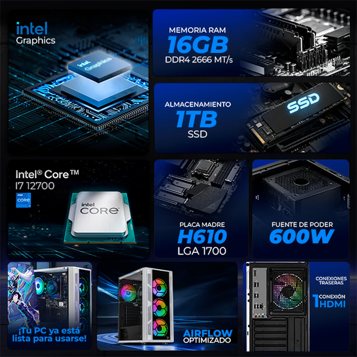 Computadora Escritorio Completa Xtreme PC Gaming Intel Core i7 12700 16GB SSD 1TB Monitor 27 75Hz WIFI White rendimiento básico para juegos casuales, trabajo y estudio - Image 3