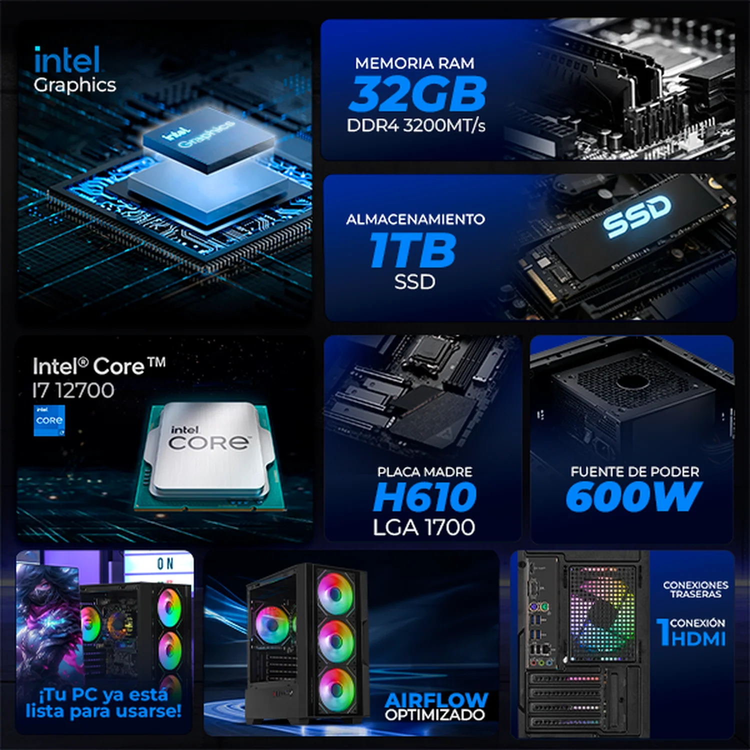 Computadora Escritorio Xtreme PC Gaming Intel Core i7 12700 32GB SSD 1TB Monitor 27 75Hz WIFI Black rendimiento básico para juegos casuales, trabajo y estudio - Image 3