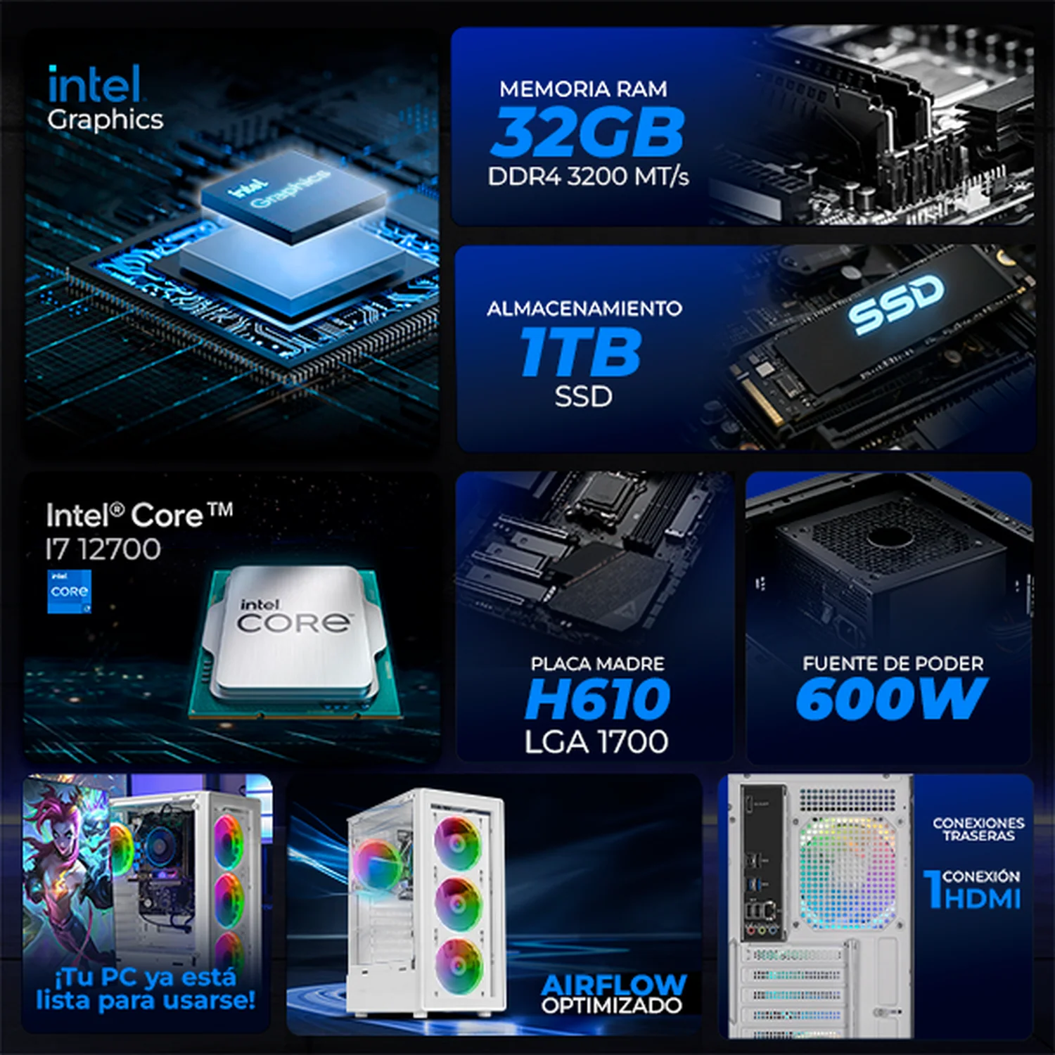 Computadora Escritorio Completa Xtreme PC Gaming Intel Core i7 12700 32GB SSD 1TB Monitor 27 75Hz WIFI White rendimiento básico para juegos casuales, trabajo y estudio - Image 3