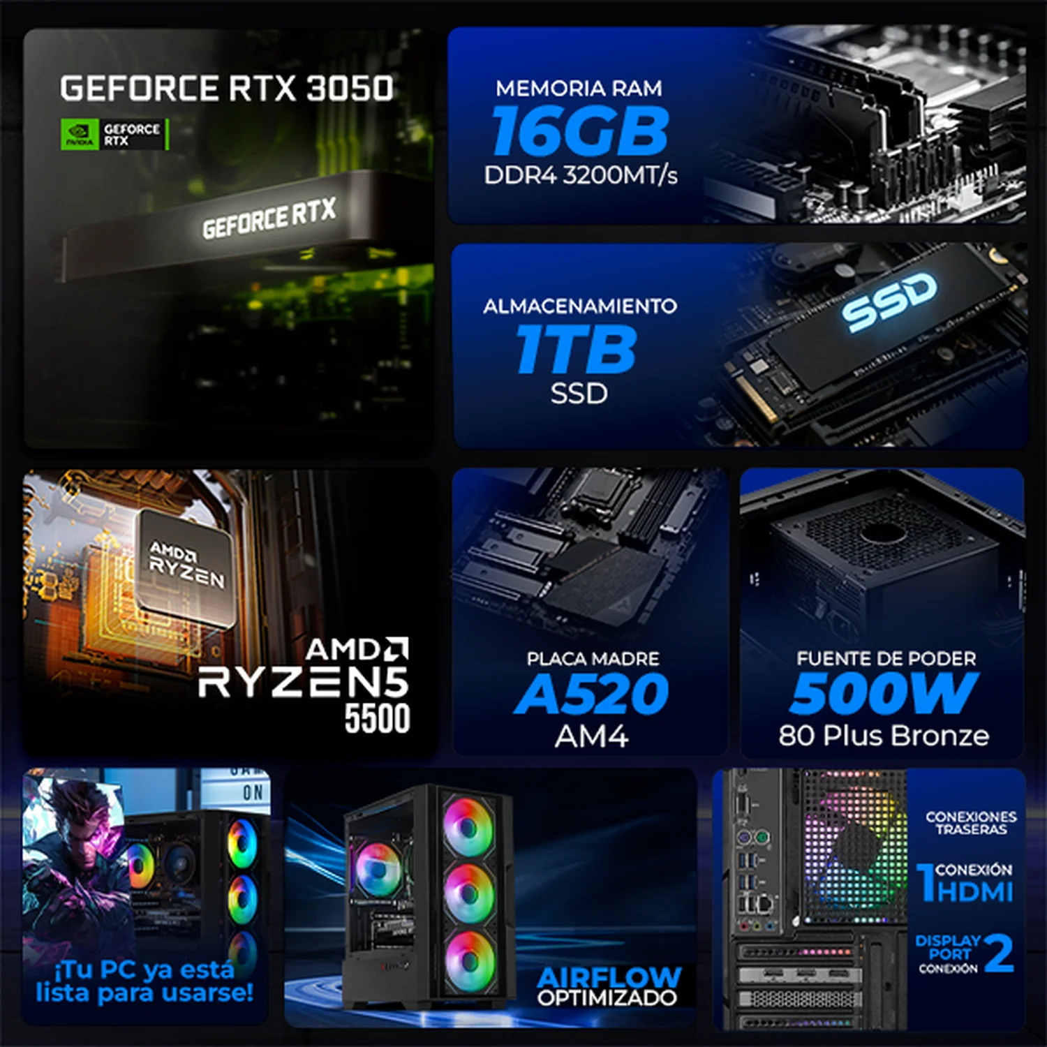 Xtreme PC Gaming Geforce RTX 3050 AMD Ryzen 5 5500 16GB SSD 1TB Monitor 23.8 144Hz WIFI Black - Image 3