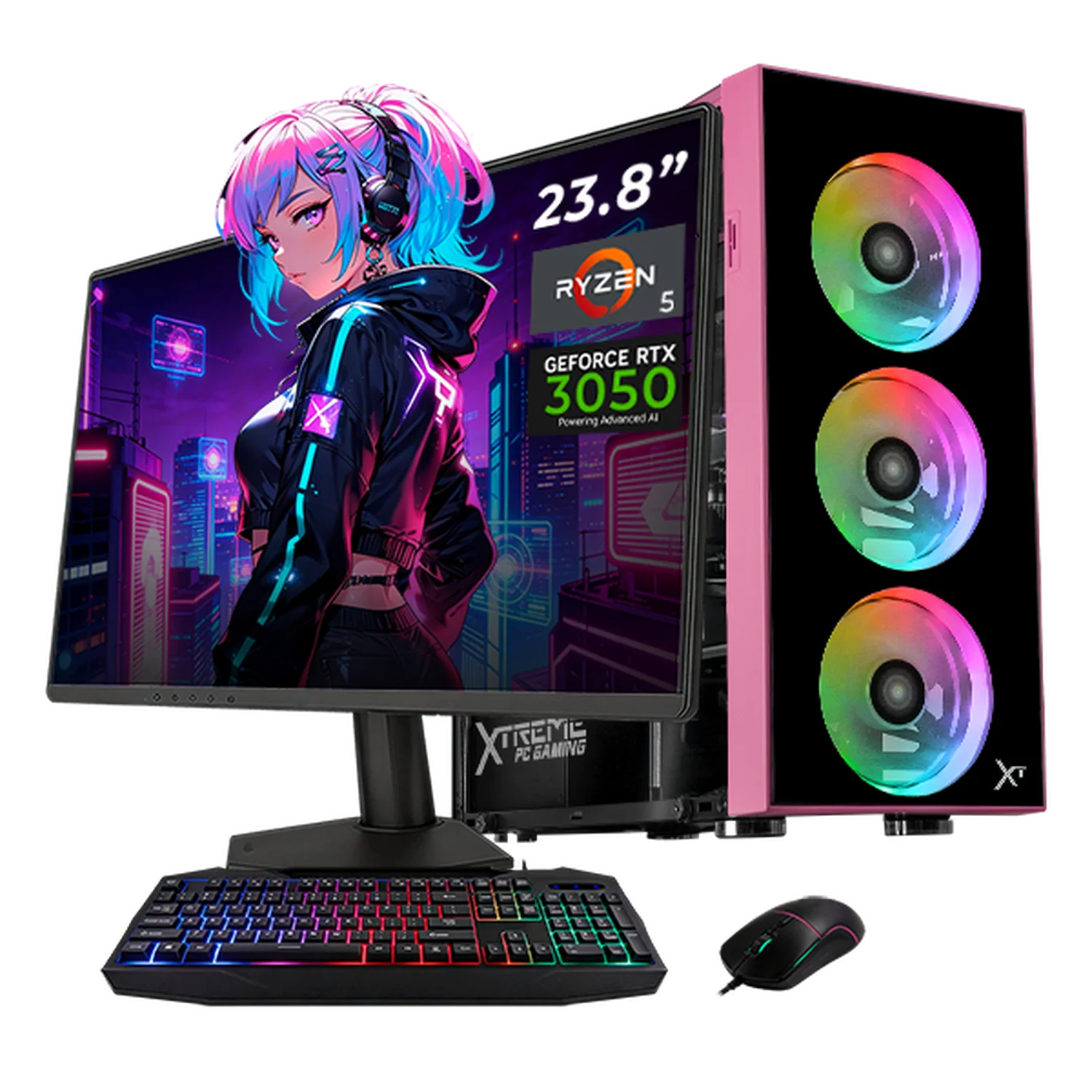 Computadora Gamer Completa IA Xtreme PC Gaming NVIDIA GeForce RTX 3050 AMD Ryzen 5 5500 16GB SSD 1TB Monitor 23.8 144Hz WIFI Pink Rendimiento Inteligente con IA